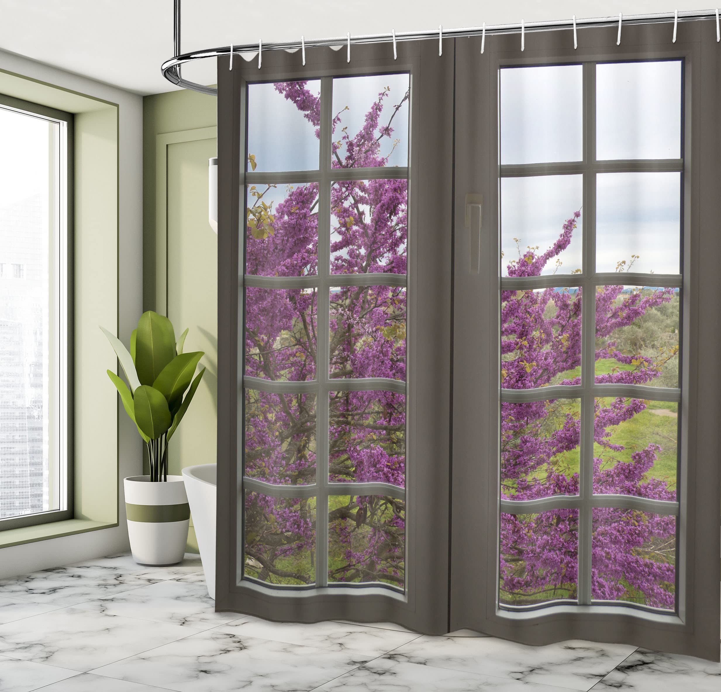 Ambesonne Country Shower Curtain, Romantic View Through The Window To Countryside Of Purple Colored Flowers Spring Blooms Branch