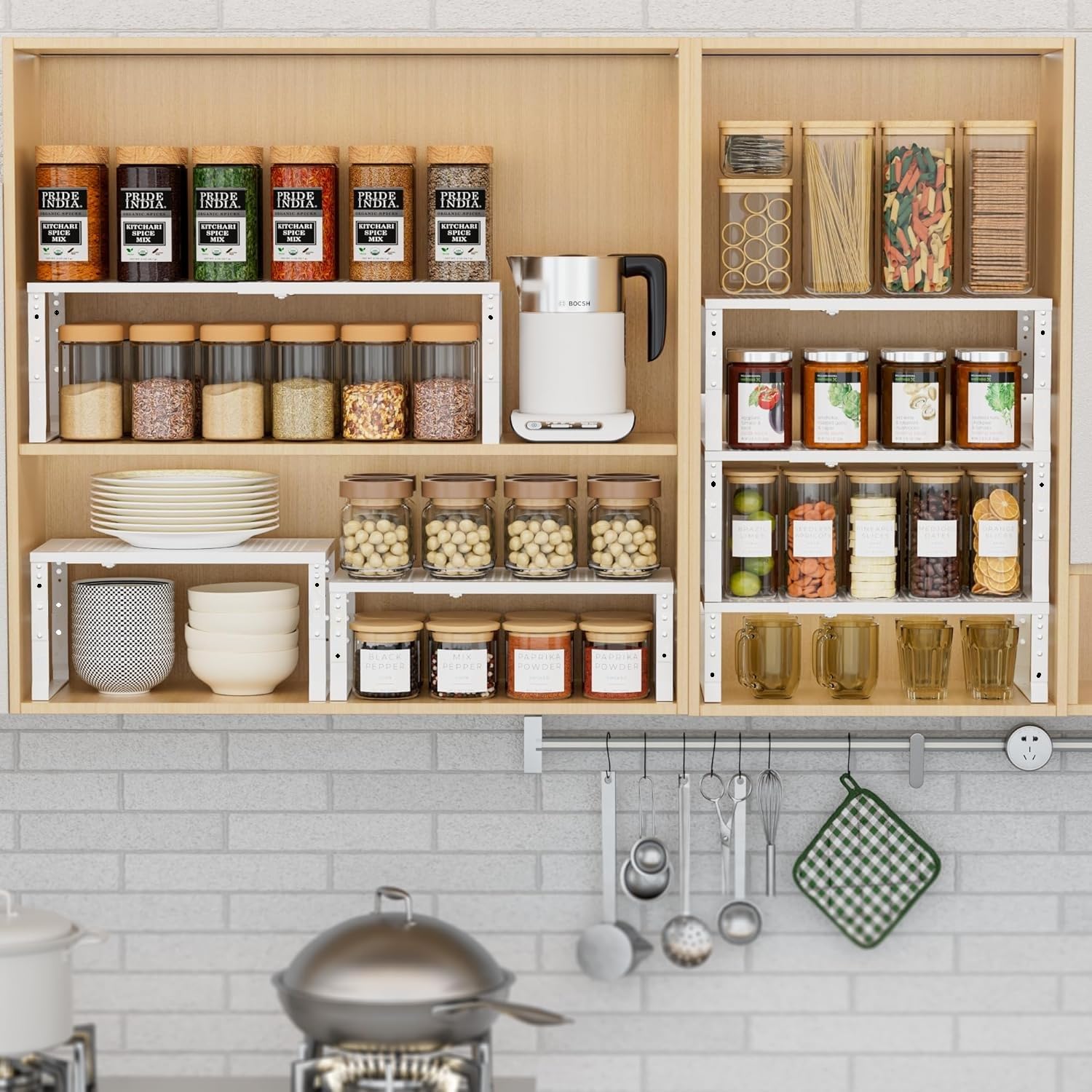 Wobmmi Expandable Spice Rack Kitchen Cabinet Shelf Organizer, Stackable Storage Shelves Rack, Adjustable Counter Shelf for Cabin