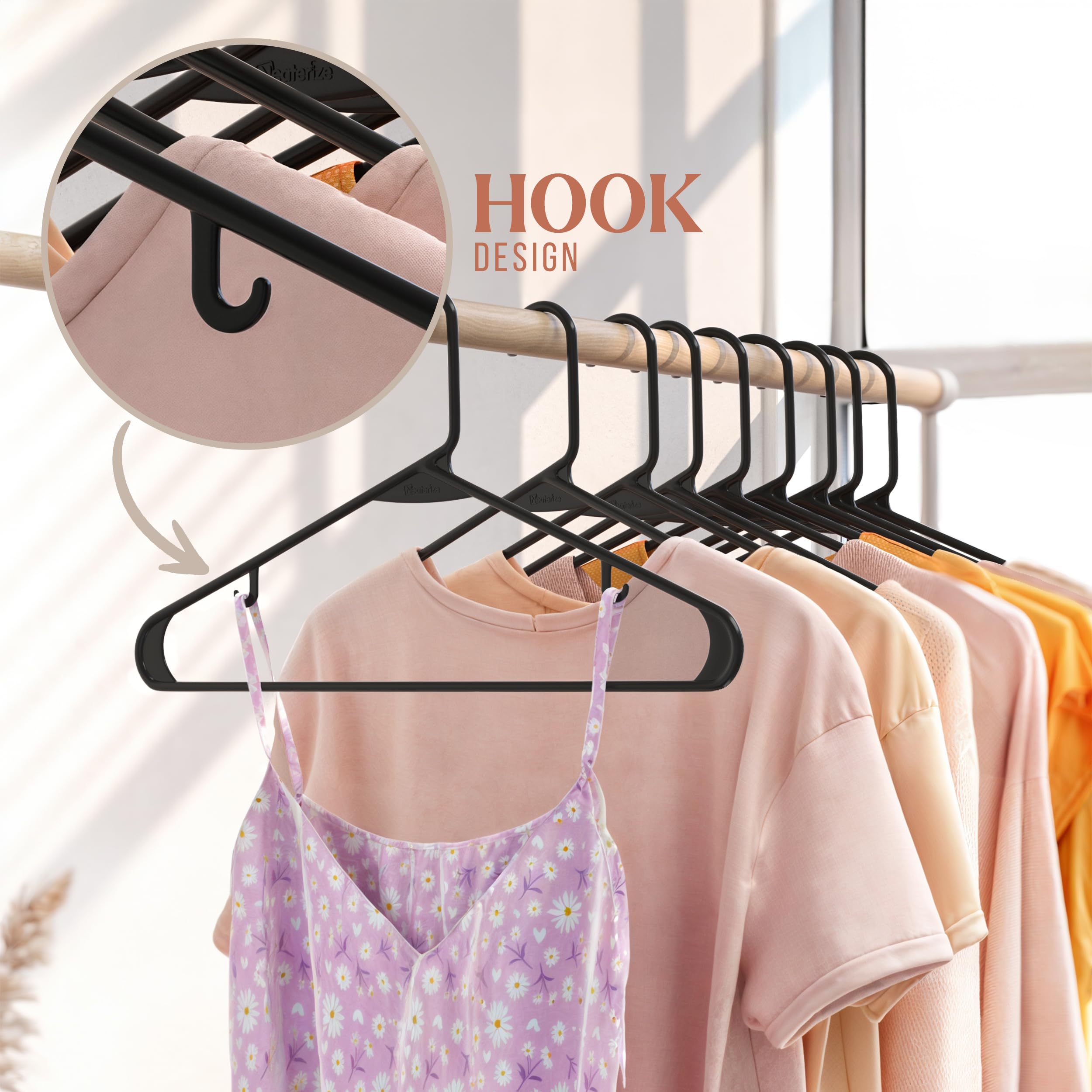 Neaterize Clothes Hangers Plastic 60 Pack - Black Plastic Hangers - Makes The Perfect Coat Hanger And General Space Saving Cloth
