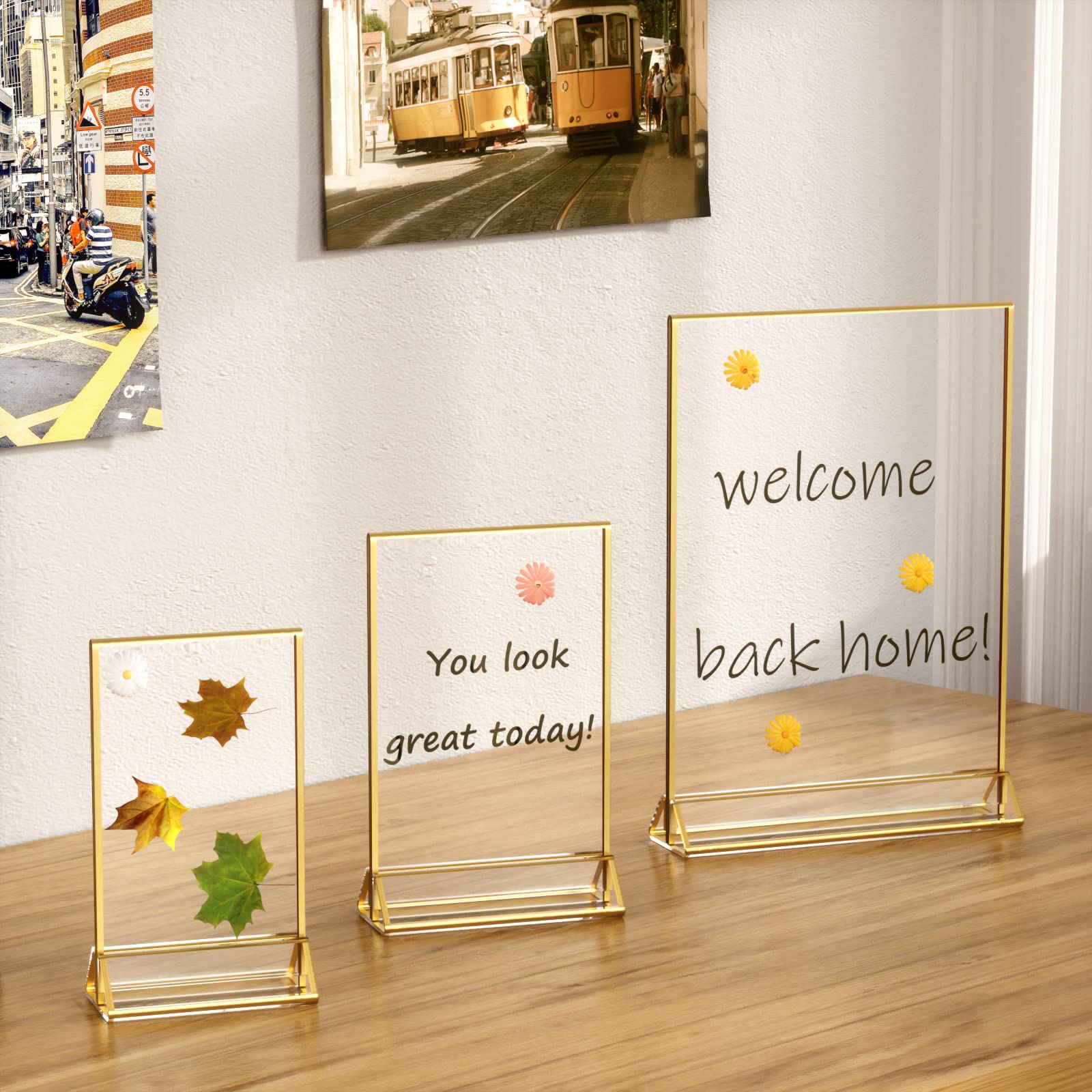 NIUBEE 6Pack 5 x 7 Clear Acrylic Wedding Table Number Holder Stands with Gold Borders  Double Sided Picture Frames Sign for Restaurant Menu Recipe Cards Photo Display