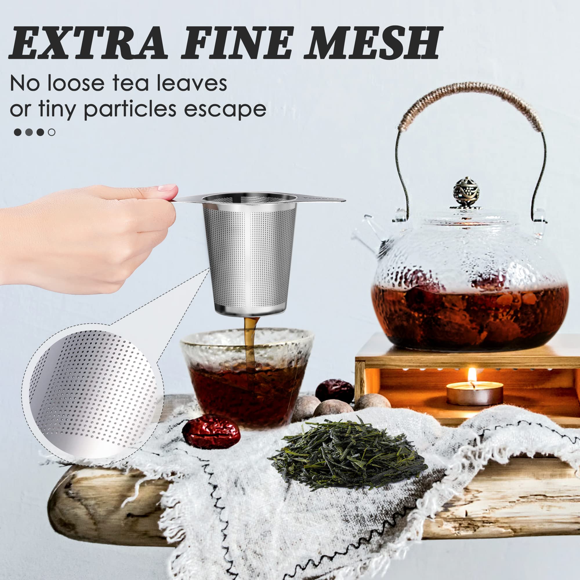 Yoassi Extra Fine 18/8 Stainless Steel Tea Infuser Mesh Strainer With Large Capacity & Perfect Size Double Handles For Hanging O