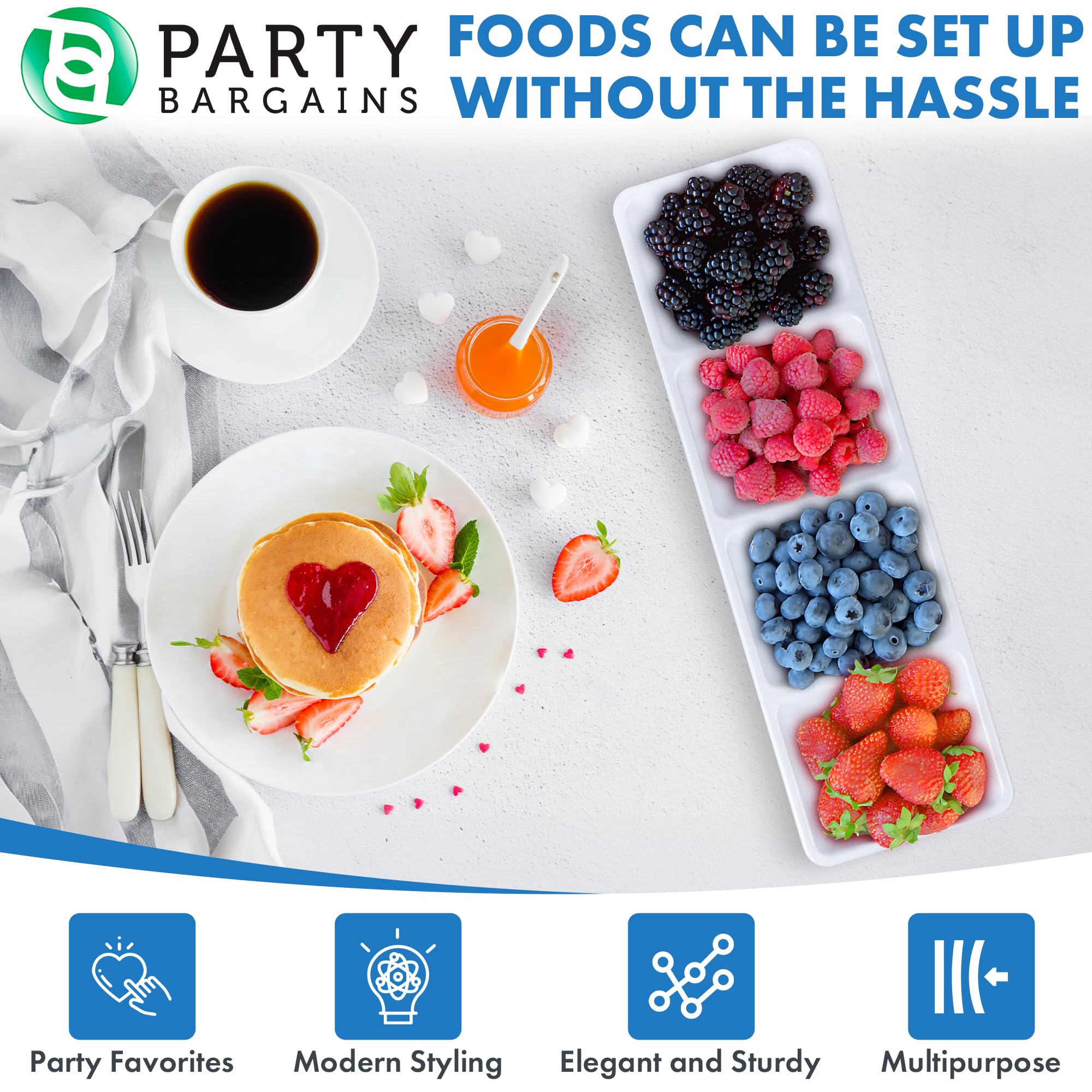 Party Bargains Disposable Sectional Rectangular Serving Tray White [4 Pack] 5 X 16 Inches. 4 Compartments Plastic Serving Tray F