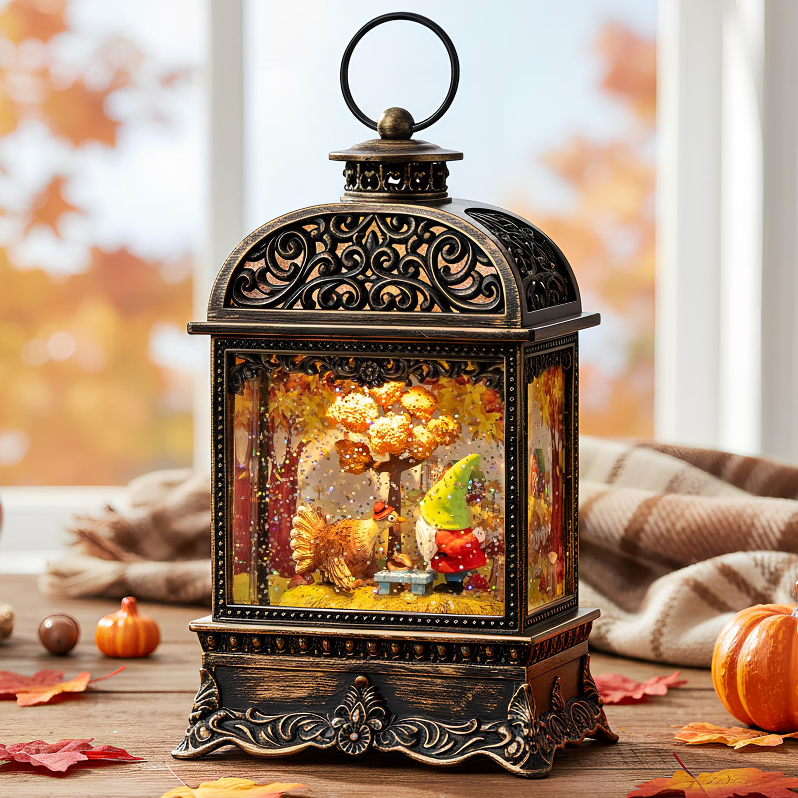 Fall Decor Snow Globe Lantern, Thanksgiving Decoration Swirling Glitter Gnome Snow Globe with Turkey, Harvest Day Gifts, Home Fa