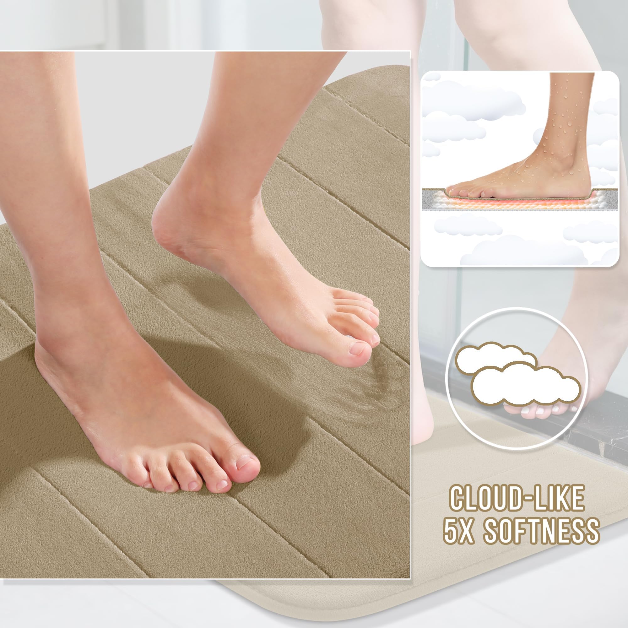 Yimobra 3 Pieces Memory Foam Bath Mat Sets  44.1x24 + 31.5x19.8 and U-Shaped for Bathroom Rugs  Toilet Mats  Non-Slip  Soft Comfortable  Water Absorption  Machine Washable  Camel