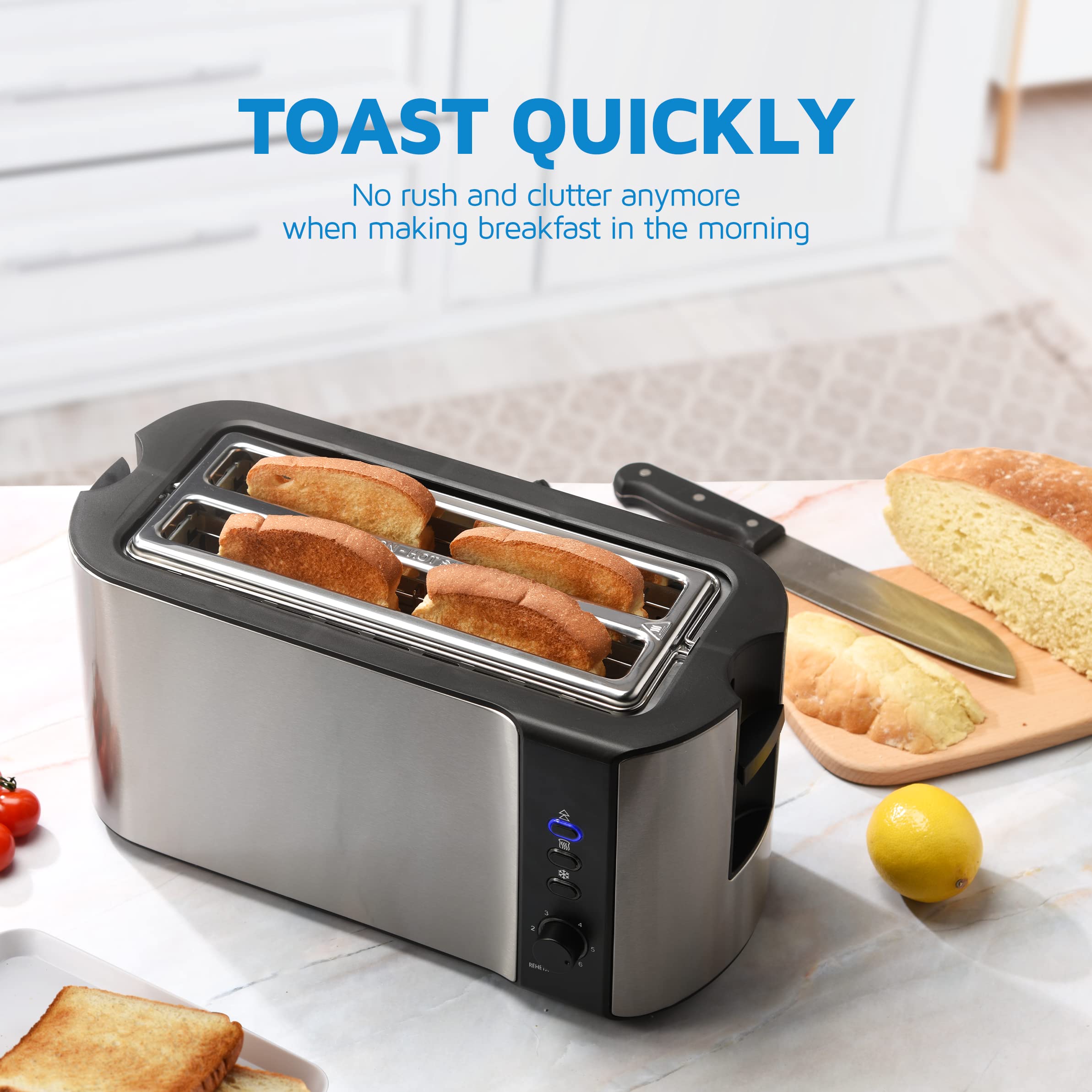 10'' Long Slot Toaster 2 Slice, Extra-Wide Stainless Steel 4 Slice Toaster, Warming Rack & 6 Shade Settings, Defrost/Reheat/Canc