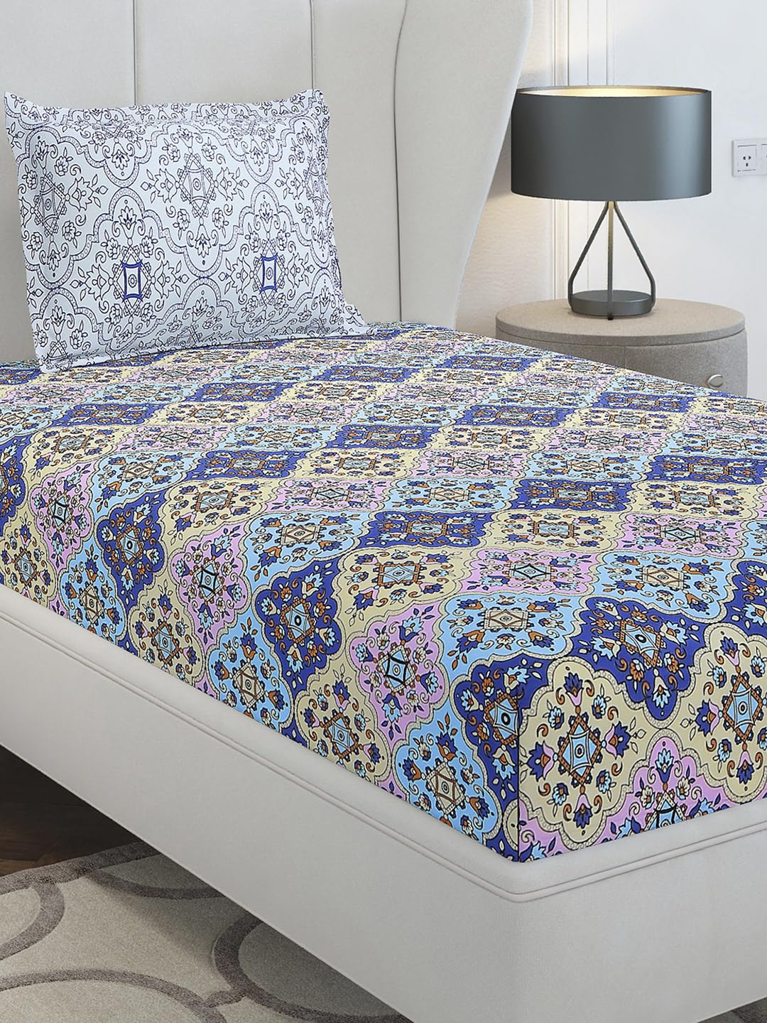 Monte Carlo Blue Printed Single 144 Tc 1 Bedsheet With 1 Pillow Cover 14