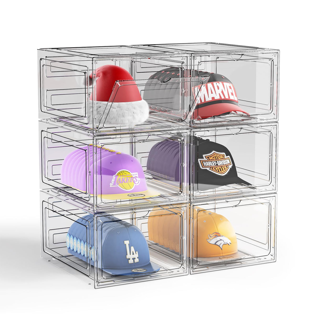 Hat Organizer Box For Baseball Caps, 6 Pack Clear Plastic Hat Storage Box, Hat Holder For Closet, Hat Display Case With Magnetic