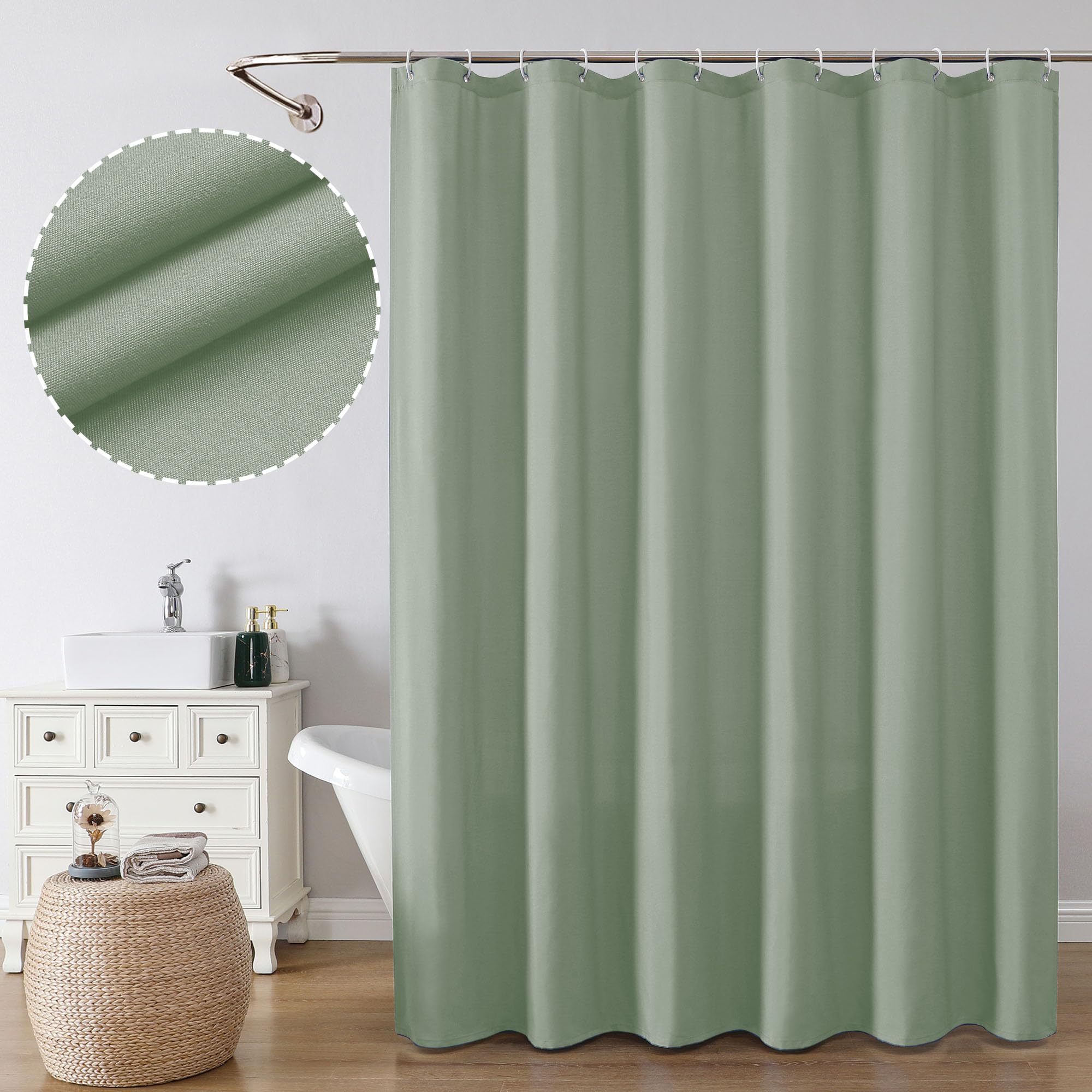 Ovzme Zora Sage Green Shower Curtain For Bathroom, Fabric Shower Curtain Bath Decoration - Soft Cloth & Hotel Spa Quality, Water