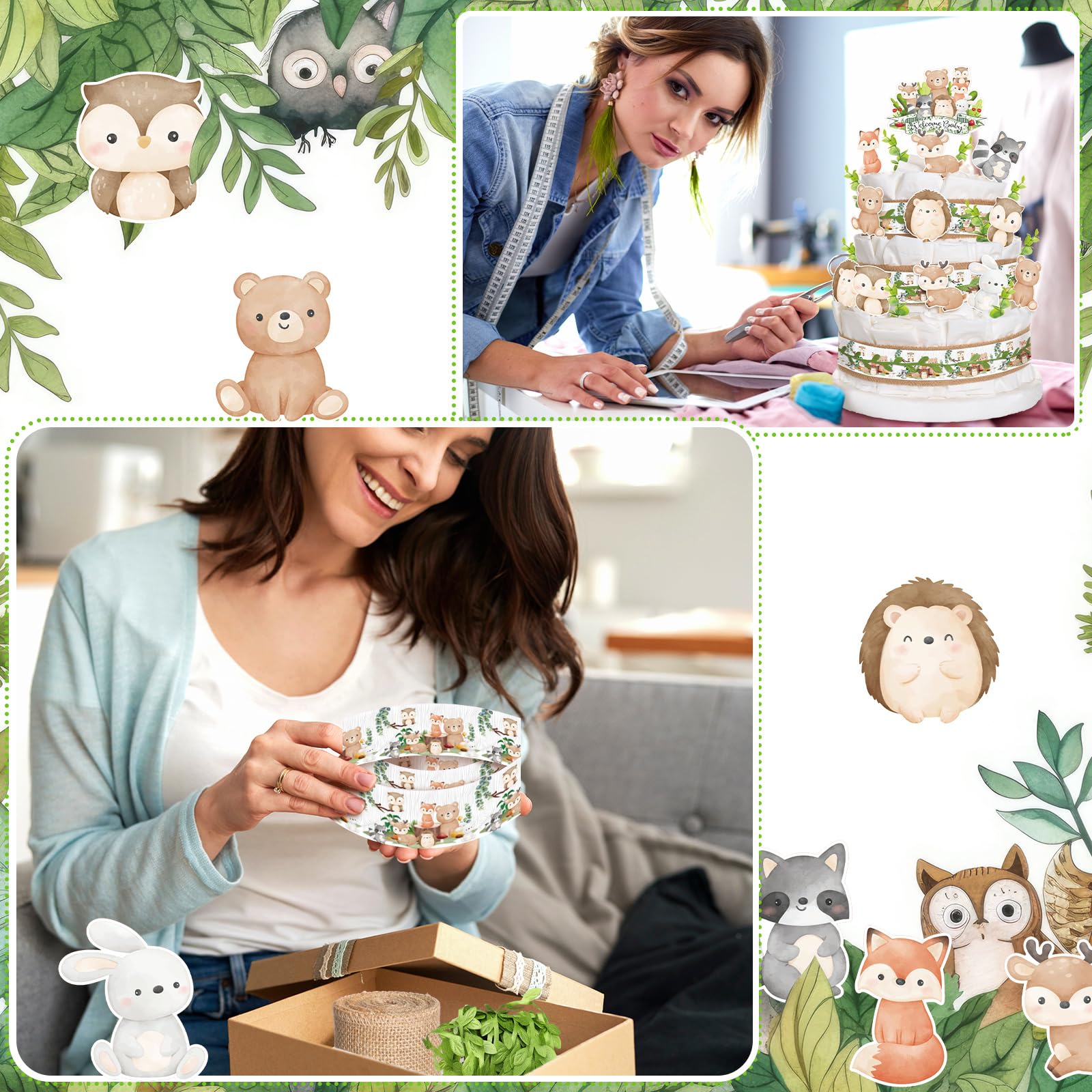 MotiMind Woodland Baby Shower Decorations DIY Diaper Cake Kit with Neutral Forest Animal Burlap Sage Green Leaf Ribbon Leaves We