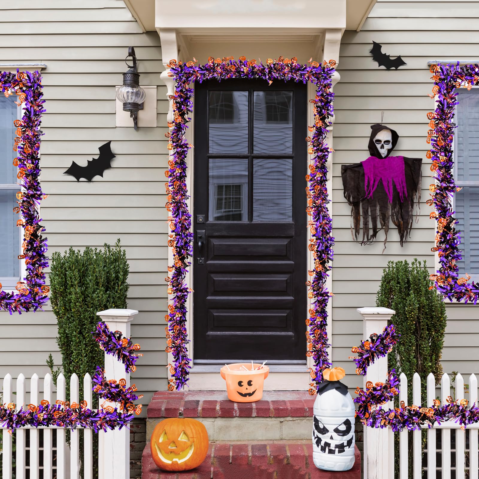 Mega-L Halloween Decorations, 27FT Halloween Tinsel Garland with Orange Pumpkin, Hanging Streamer Shiny Metallic Twist Garland f