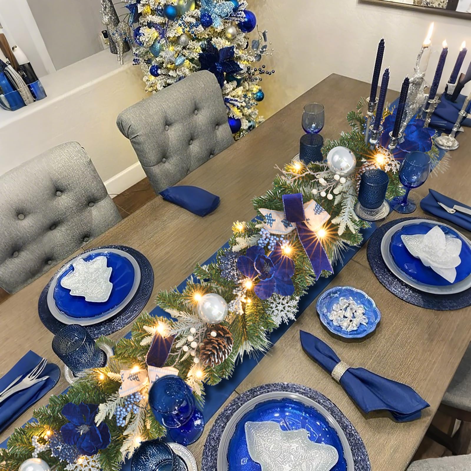 Pre-Lit Christmas Garland with Christmas Tree Icon Ribbon and Magnolia, 25 LED Lights with Timer, 6ft Lighted Silver Blue Garlan