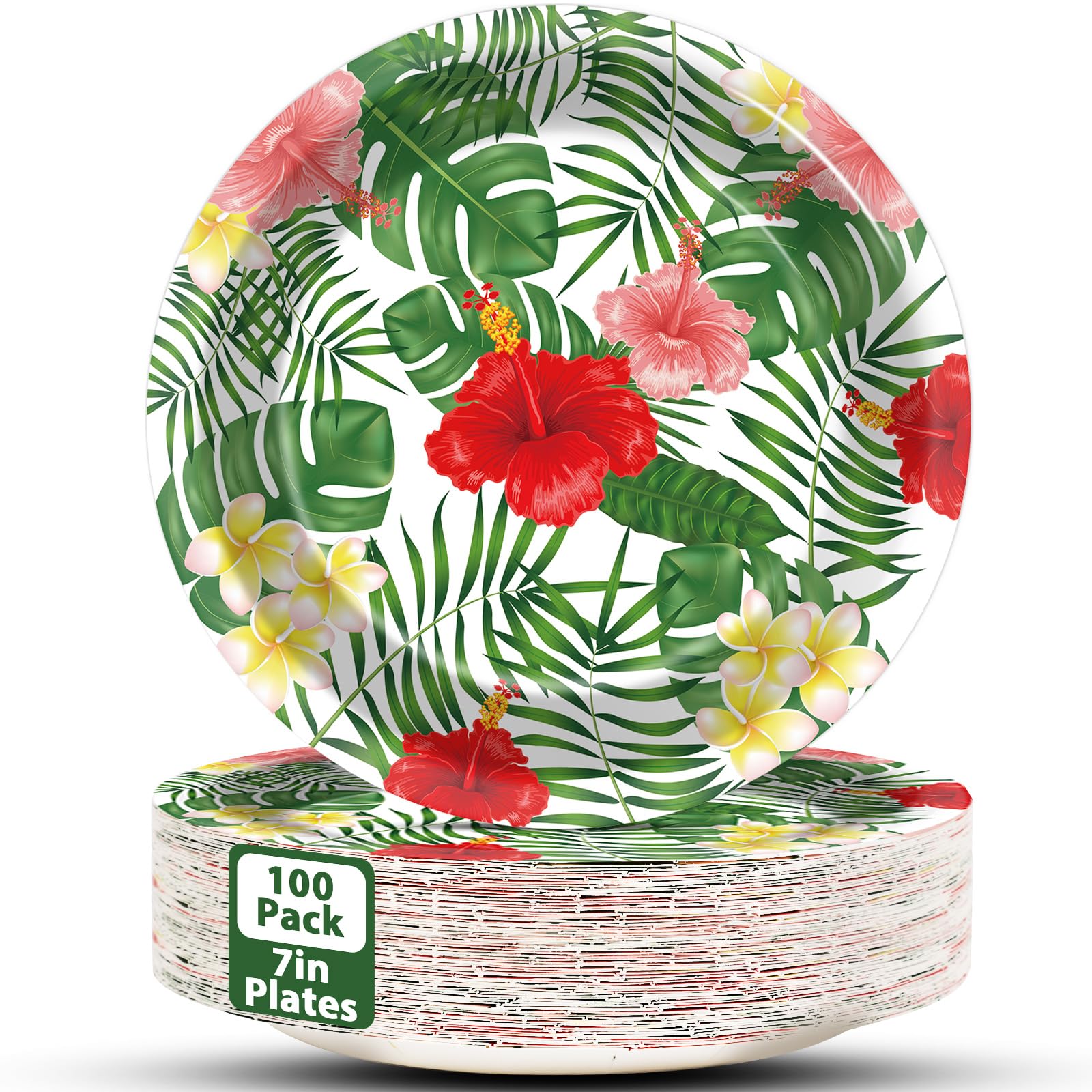 100pcs 7inch Aloha Floral Plates Hawaiian Luau Party Supplies Tableware Hawaiian Tropical Hibiscus Cake Luau Theme Disposable Pa