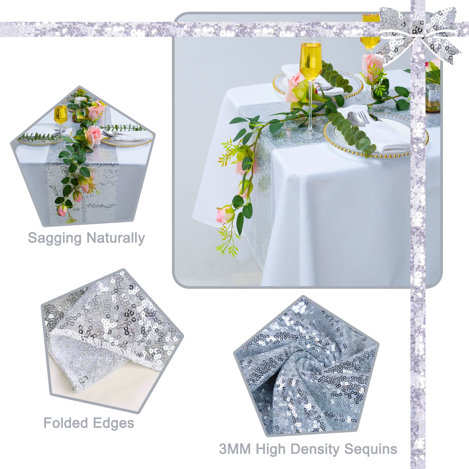 Tcbesto Silver Sequin Table Runner 12'' X 72'' 6 Pack Metallic Sequin Table Runner Glitter Table Runner For Baby Shower Wedding