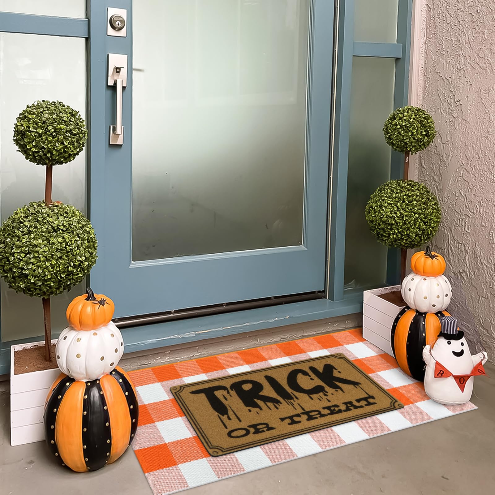 KIMODE Halloween Door Mat Outdoor 27.5 x43 , Fall Decor Buffalo Plaid Outdoor Rug,Farmhouse Checkered Layered Welcome Door Mat f