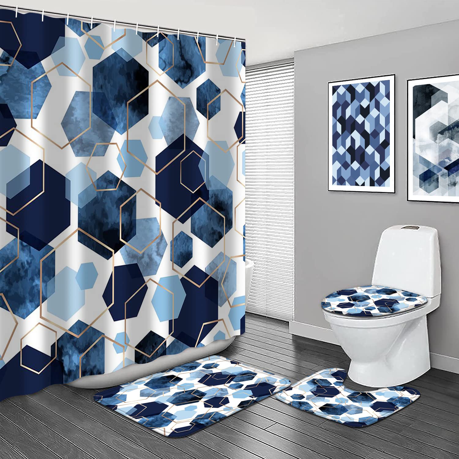 Lqcool 4Pcs Sky Blue Geometric Shower Curtain Set With Navy Blue Abstract Art, 12 Hooks, Bath Mat And Rugs