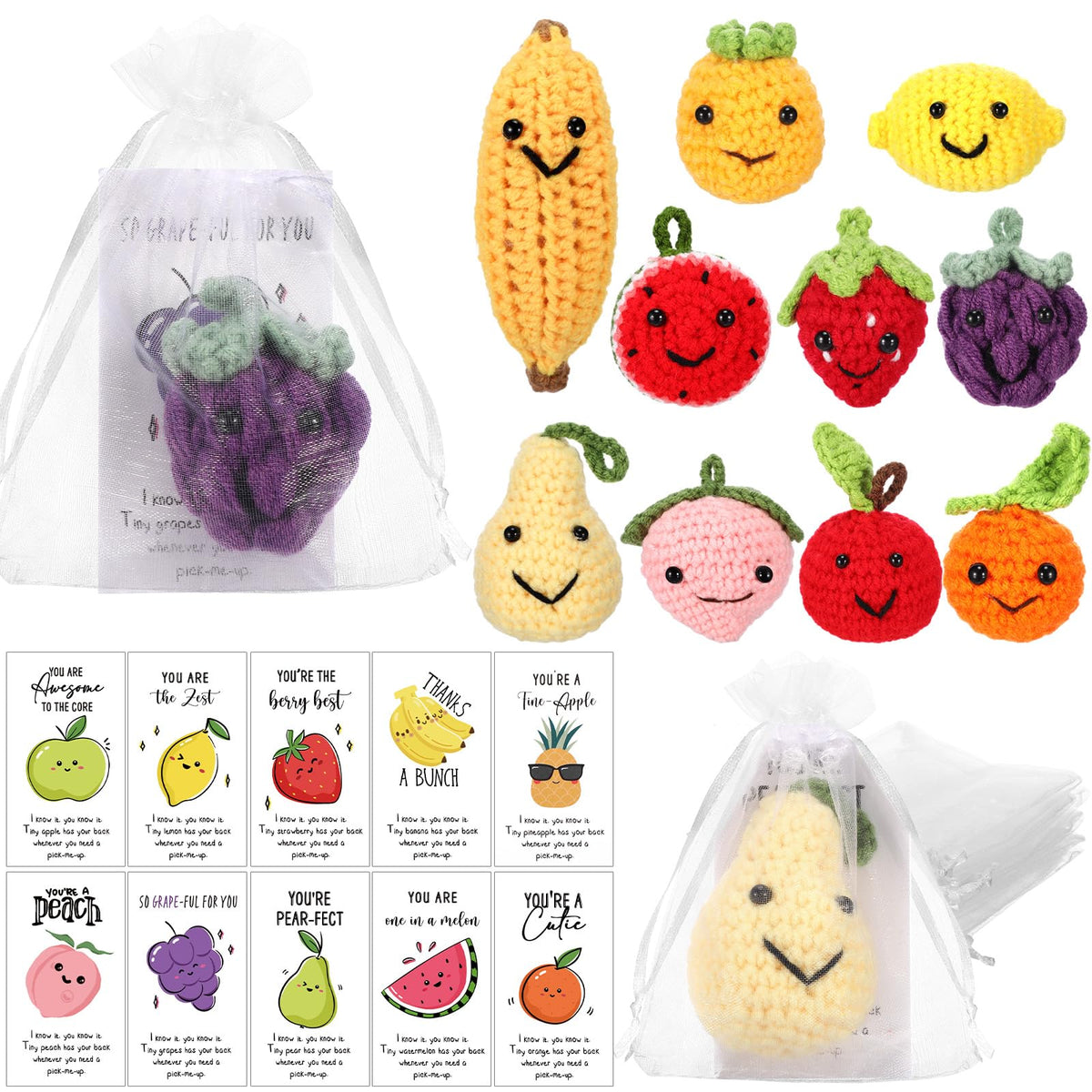 Shappy 30 Sets Inspirational Positive Fruit Toy Gift Cute Funny Wool Knitted Fruit Mini Employee Appreciation Gift Motivational