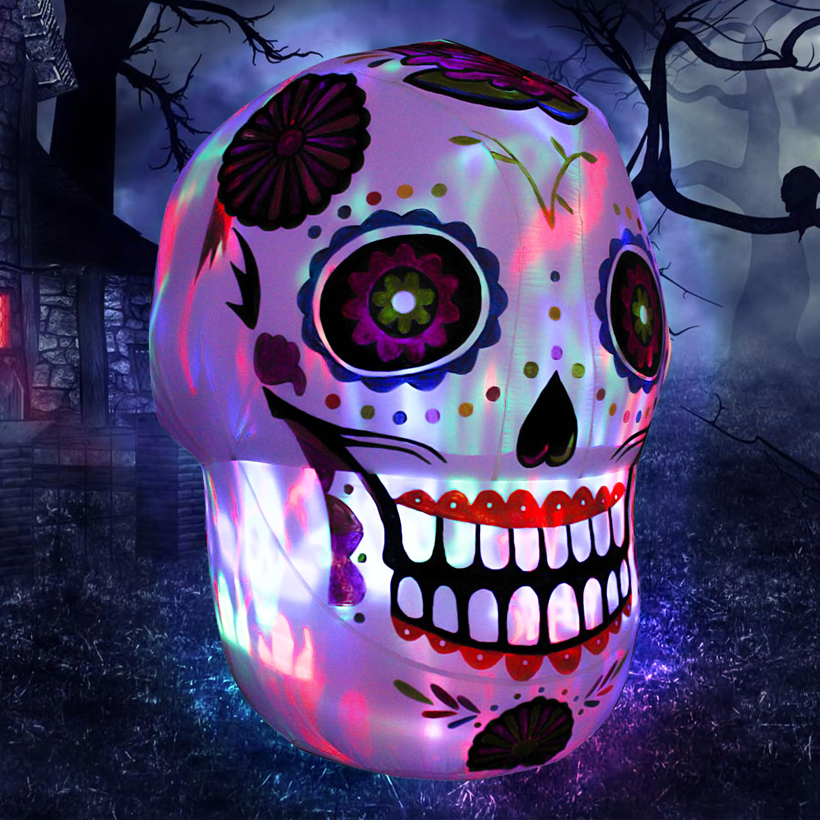 VIKIMORA 4ft Halloween Inflatable Sugar Skulls Outdoor Decoration for Yard Blow up Red Eye Skull Lights Day of The Dead Inflatab