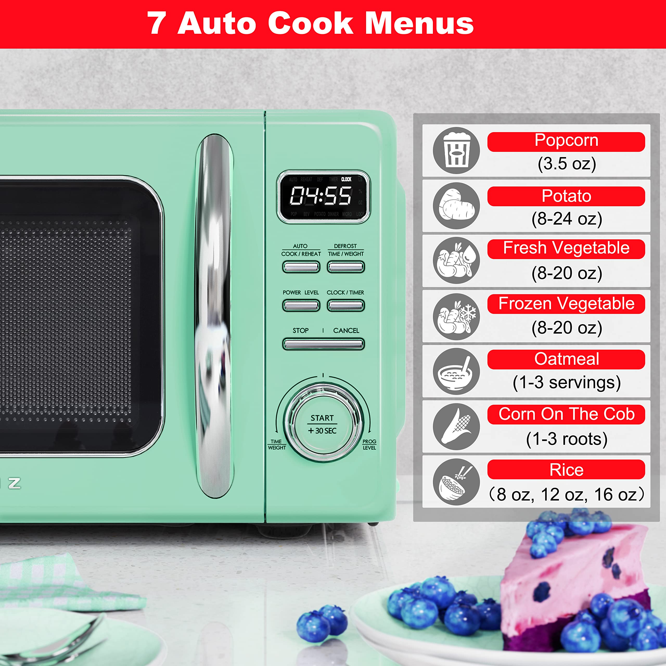Galanz Retro Countertop Microwave Oven, 0.7 cu ft, Stainless Steel, Green, Model GLCMKZ07GNR07, Auto Cook, Easy Clean, Pull Handle