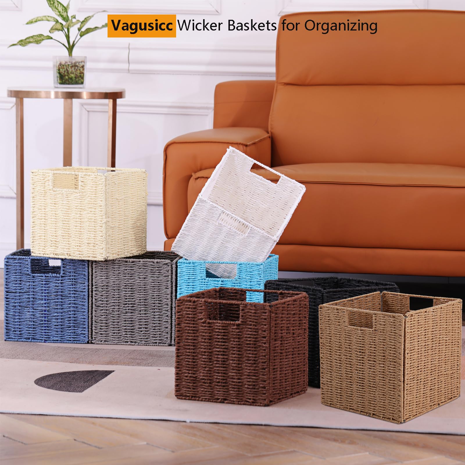 Vagusicc Storage Baskets, Set Of 2 Woven Wicker Baskets, Foldable Cube Storage Basket Bins, 13 Inch Large Wicker Storage Basket