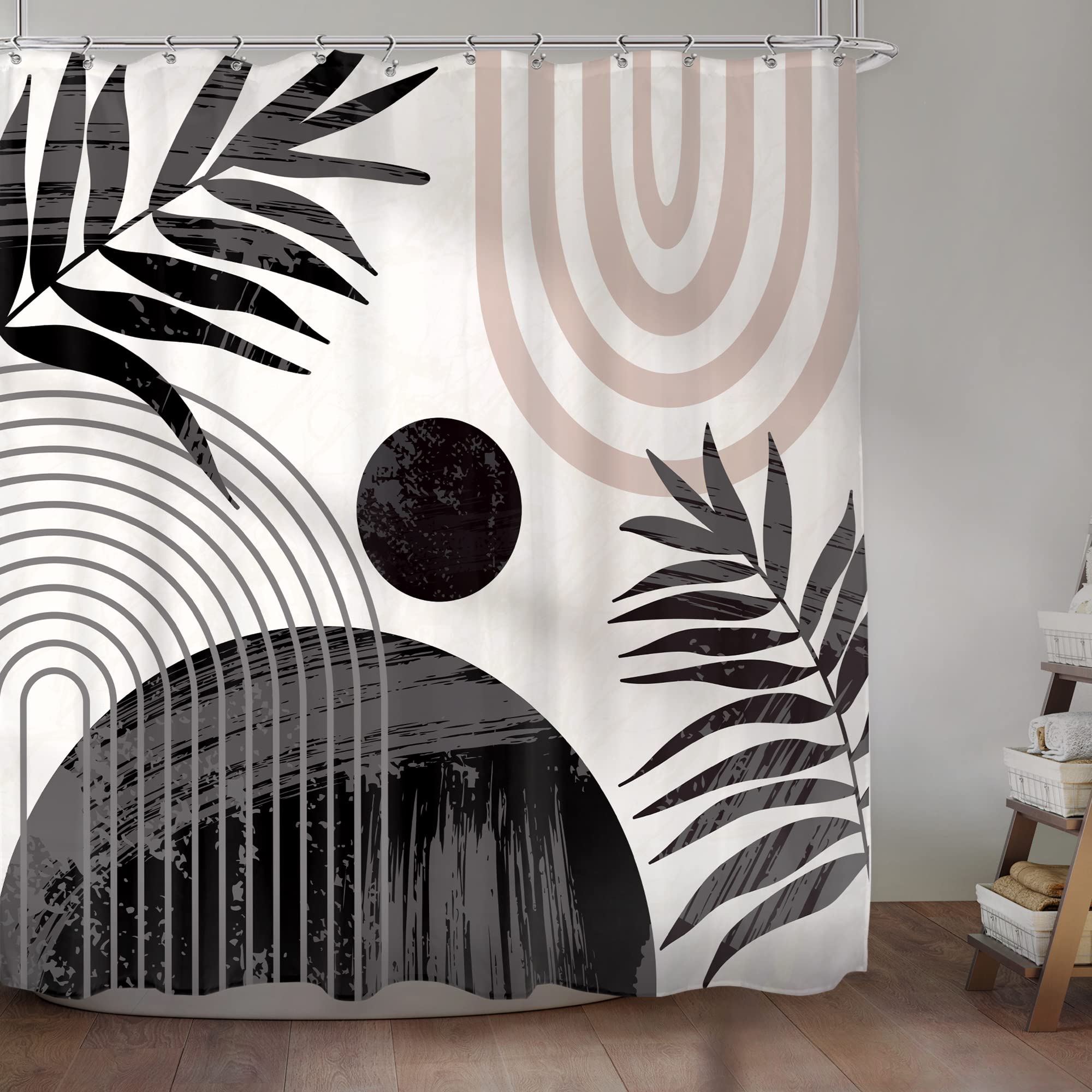 Komllex Abstract Boho Mid Century Shower Curtain Modern Minimalist Tropical Plant Leaves Geometric Pink Rainbow Arch Neutral Wat
