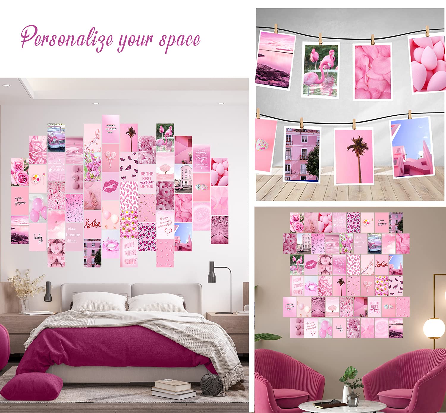 Woonkit Pink Aesthetic Pictures, Collage Kit For Wall, Pink Room Wall Bedroom Dorm Decor, Room Decor For Teen Girls, Trendy 50Pc