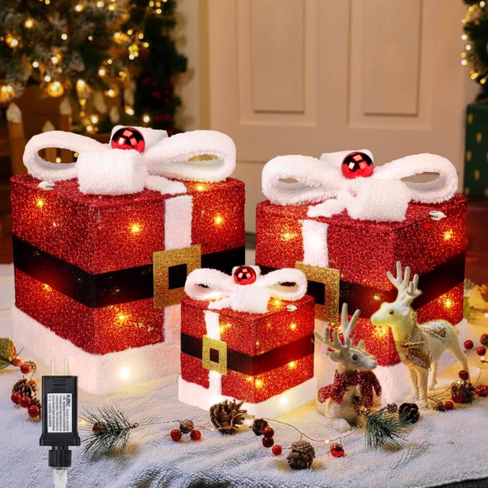Geelin Set of 3 Christmas Lighted Gift Boxes with Santa Claus Belt in 3 Sizes 60 LED Light up Boxes Under Tree Present Box Decor