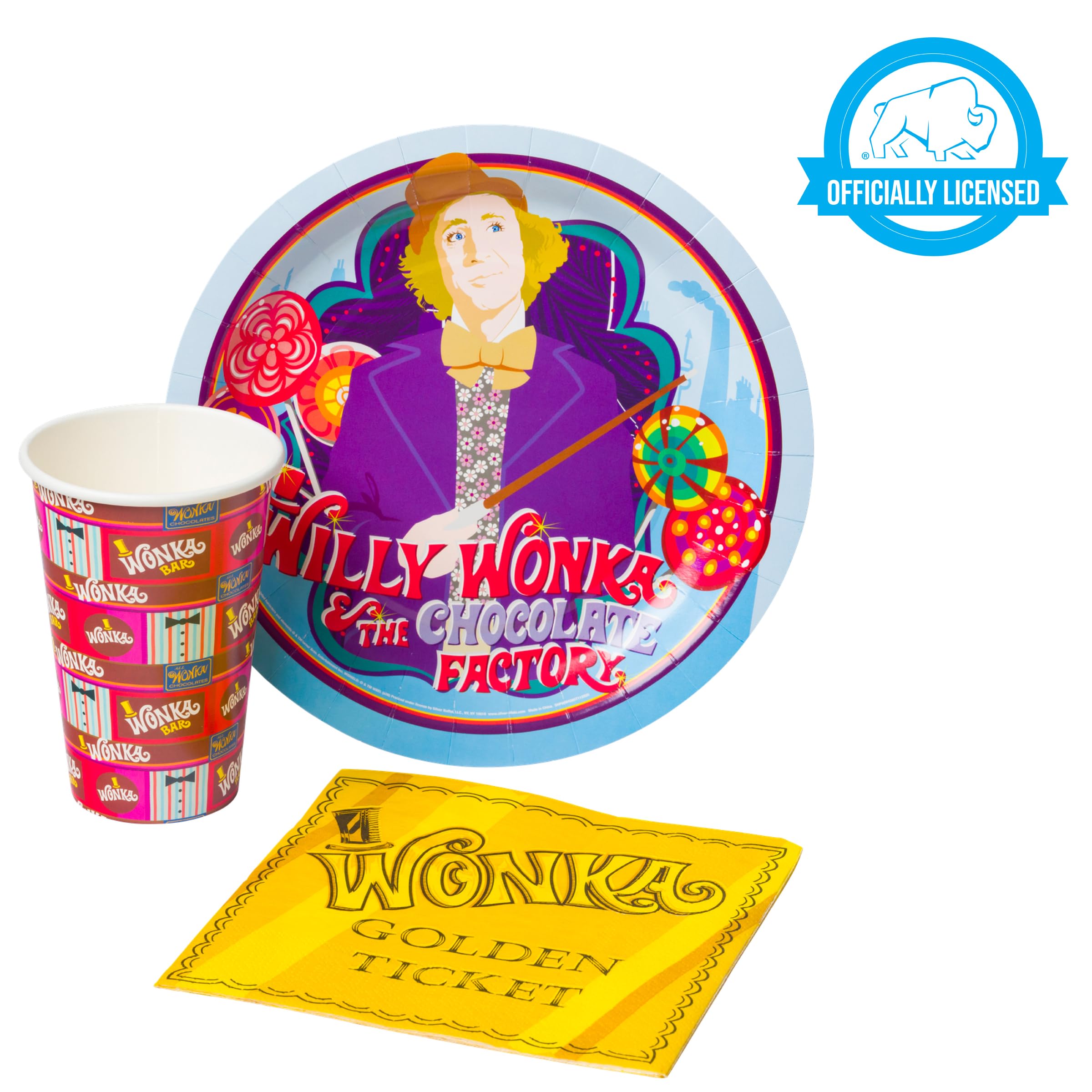 Silver Buffalo Golden Ticket Willy Wonka And The Chocolate Factory Themed Party Pack Set, 60 Piece