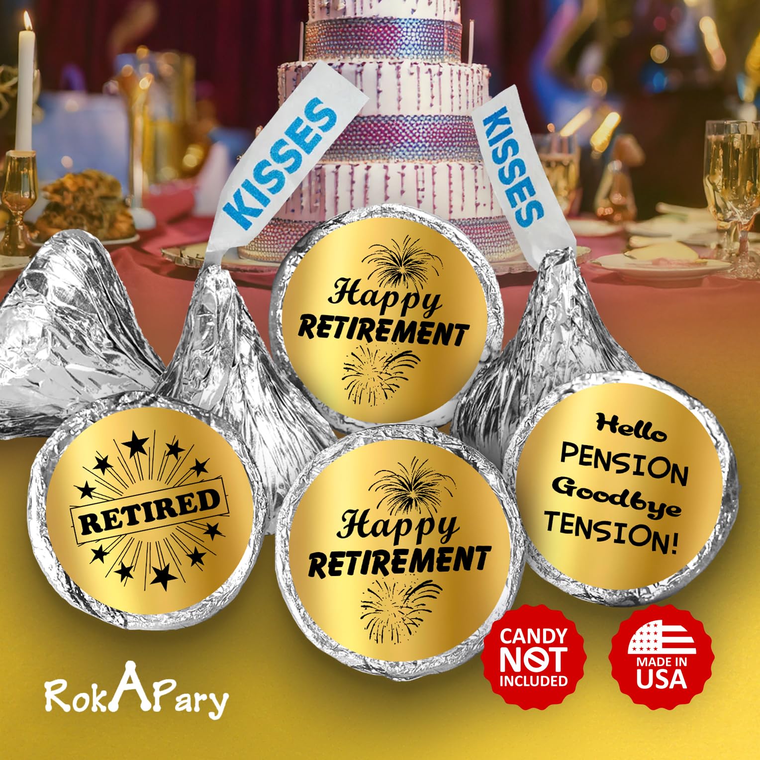 Gold Foil Retirement Kisses Stickers  (Set of 216) Chocolate Drops Labels Stickers for Happy Retirement Party  Party Favors Decor for Kisses