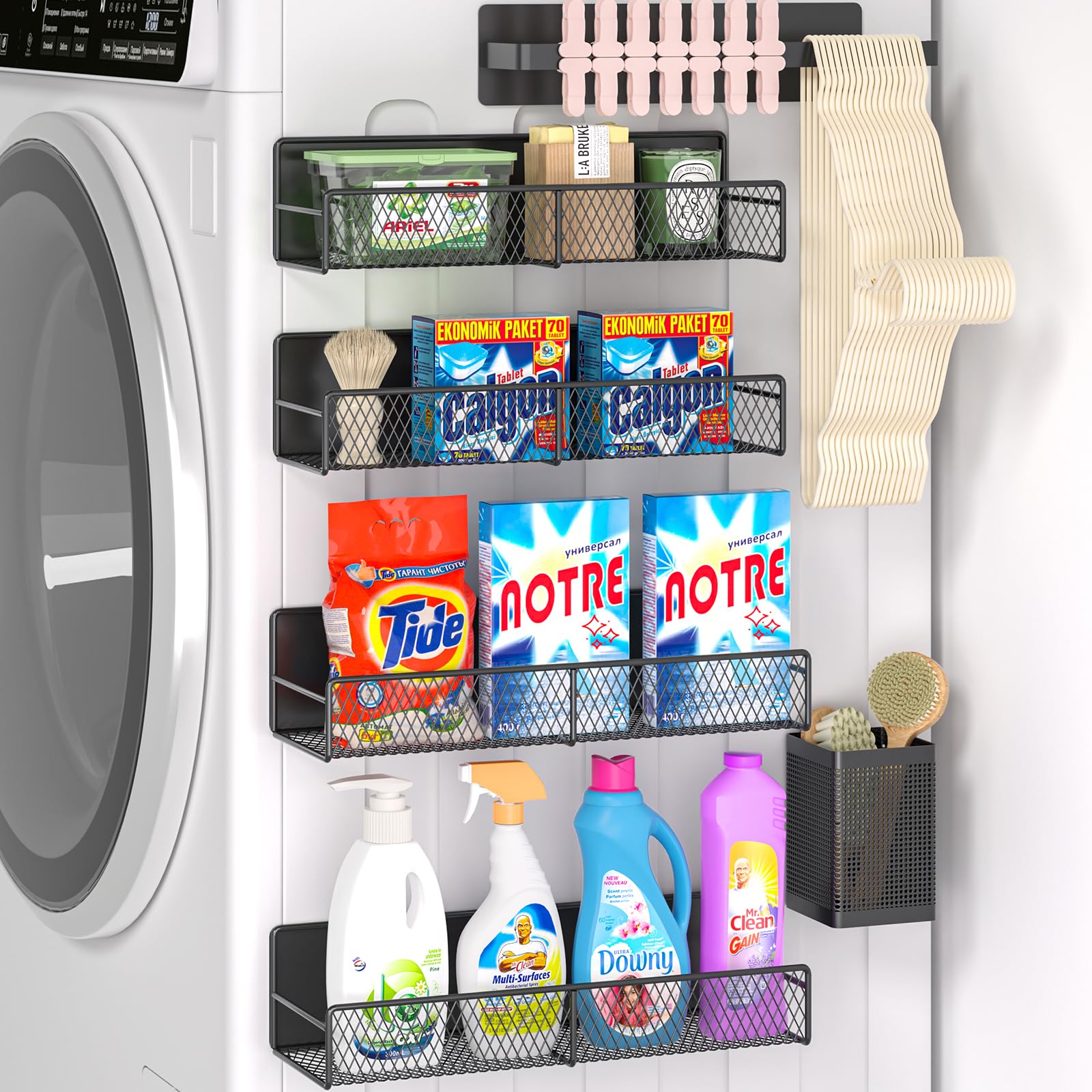 Magnetic Shelves for Washing Machine 6 Pack, Heavy-Duty Metal Magnetic Laundry Organizer Black W/ Hanger Organizer, Tool Holder,