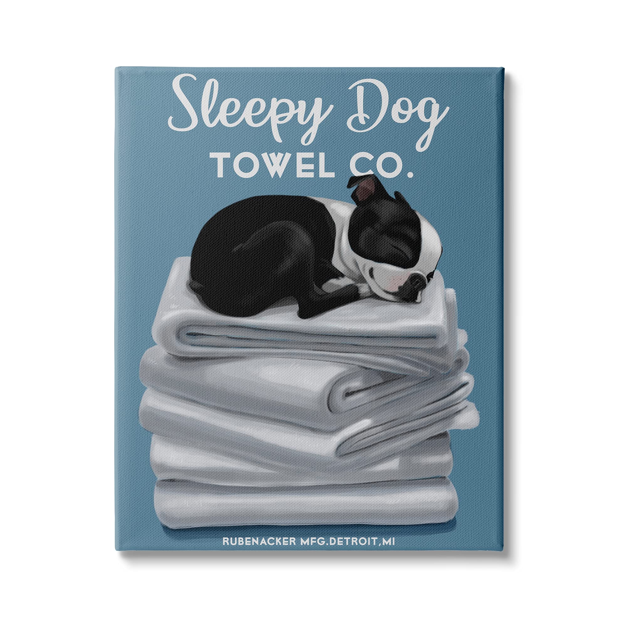 Stupell Industries Sleepy Dog Towel Co. Adorable Boston Terrier Bathroom, Design By Brian Rubenacker Canvas Wall Art, 16 X 20, B