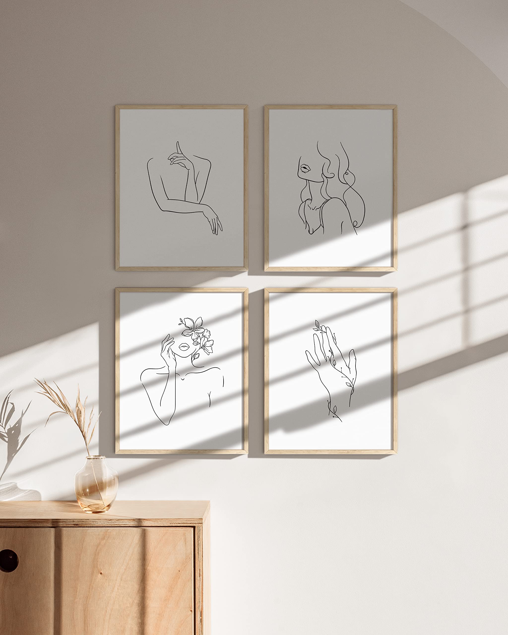 Ripgrip Minimalist Wall Art - Set Of 4 Woman Silhouette Line Drawings, Room Aesthetic Posters, Abstract Decor (Beige Frame, 8X10