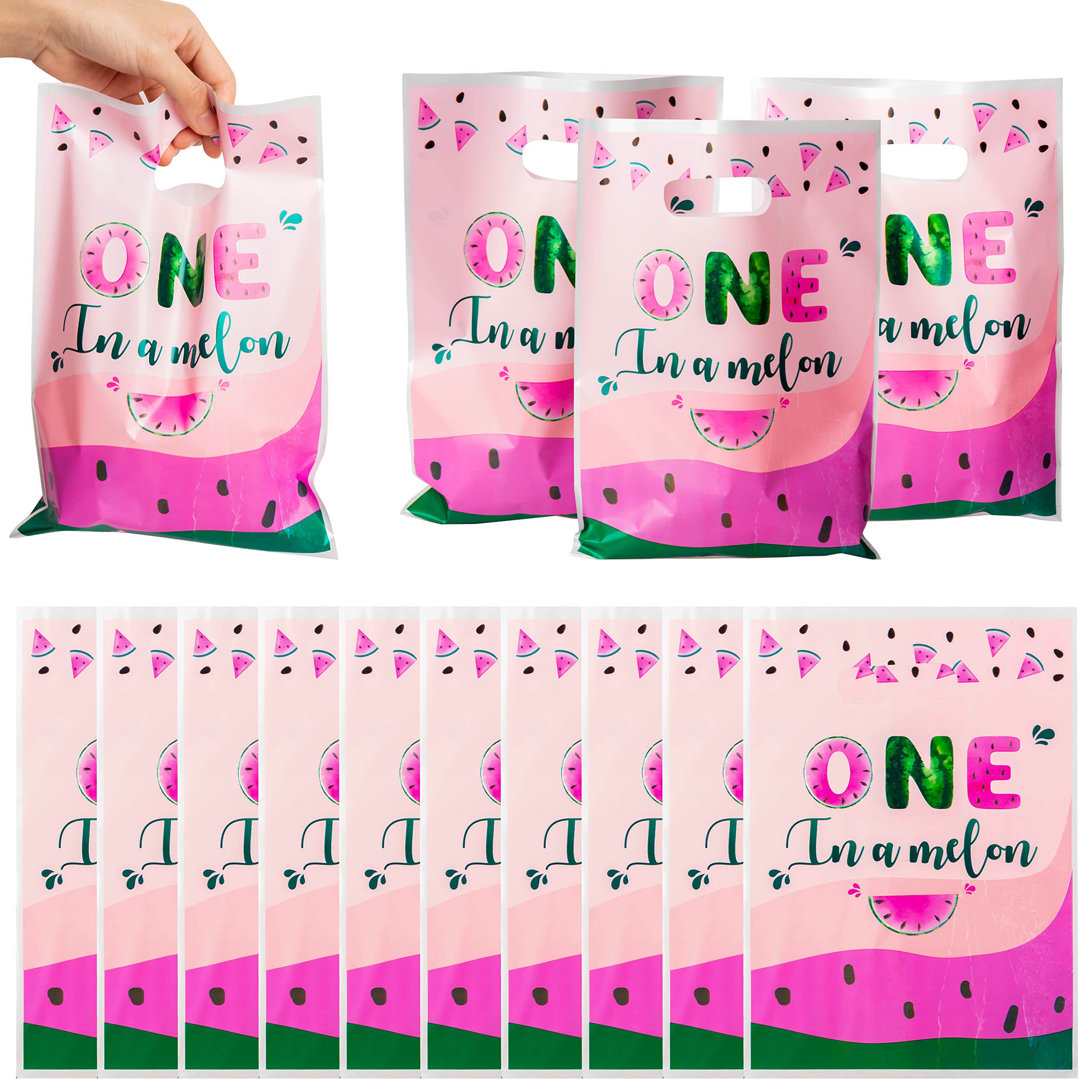 3Sscha 50Pcs One In A Melon Party Favor Bag Watermelon Themed Waterproof Goodie Bag With Die Cut Handles Summer Glossy Plastic C