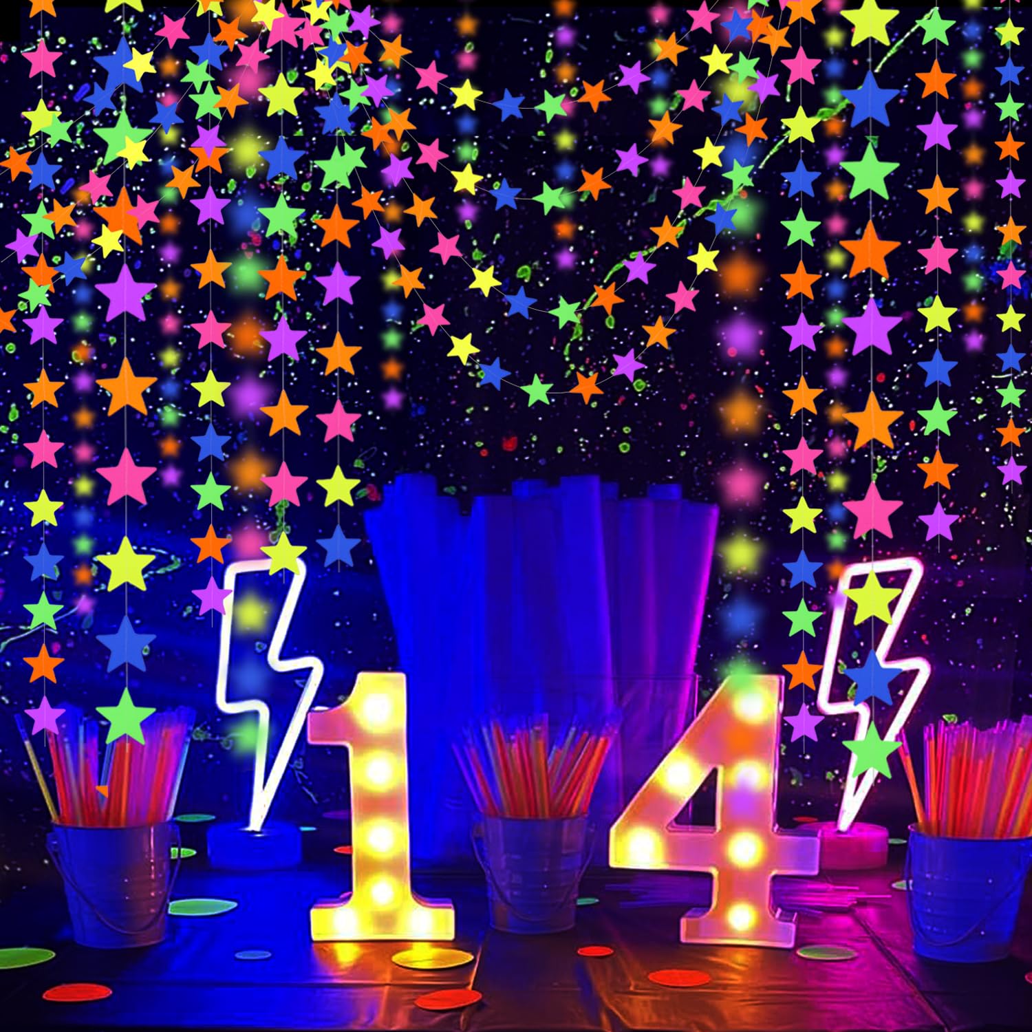 120Feet Uv Star Paper Neon Garland Neon Streamers Black Light Neon Decorations For Dark Glow Party Uv Reactive Neon Party Favors