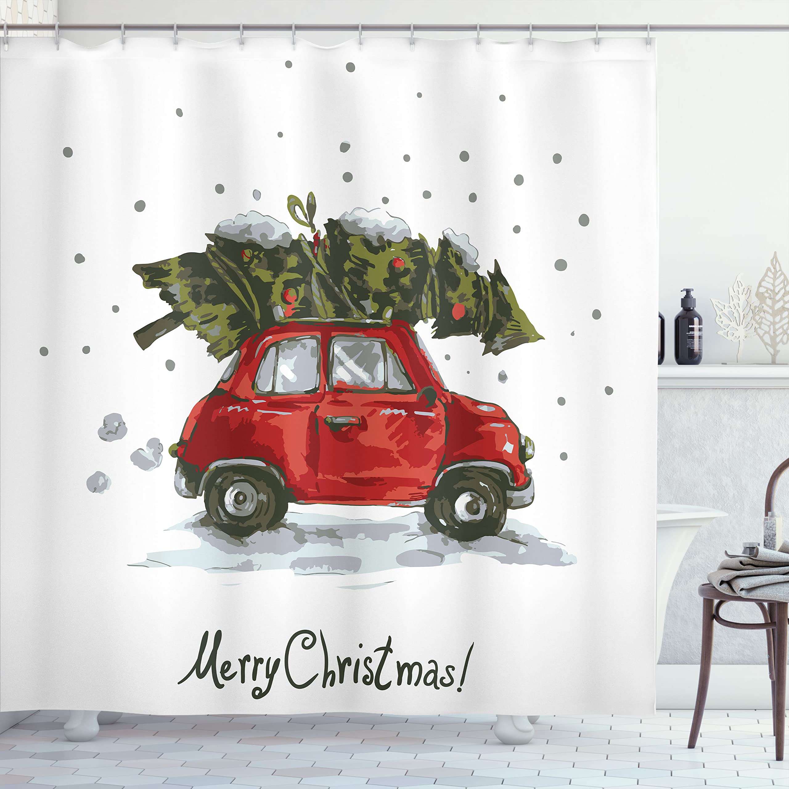 Ambesonne Christmas Shower Curtain, Retro Style Car Xmas Tree Vintage Family Style Illustration Snowy Winter Art Holiday, Cloth