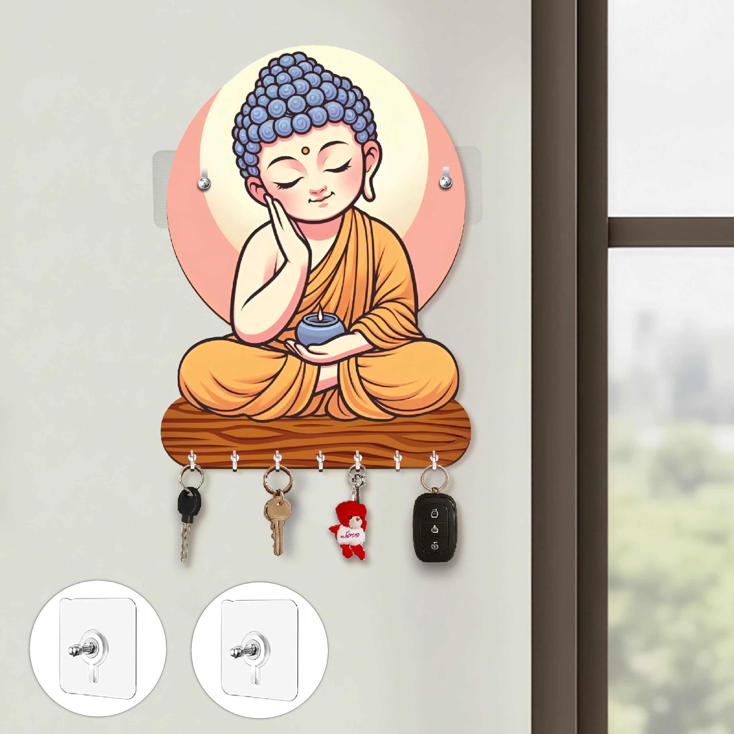 Rousrie Lord Buddha NoDrill Key Holder, Brown Wooden Wall Mount Storage with 8 Hooks, Modern Style Decorative Design for Home O