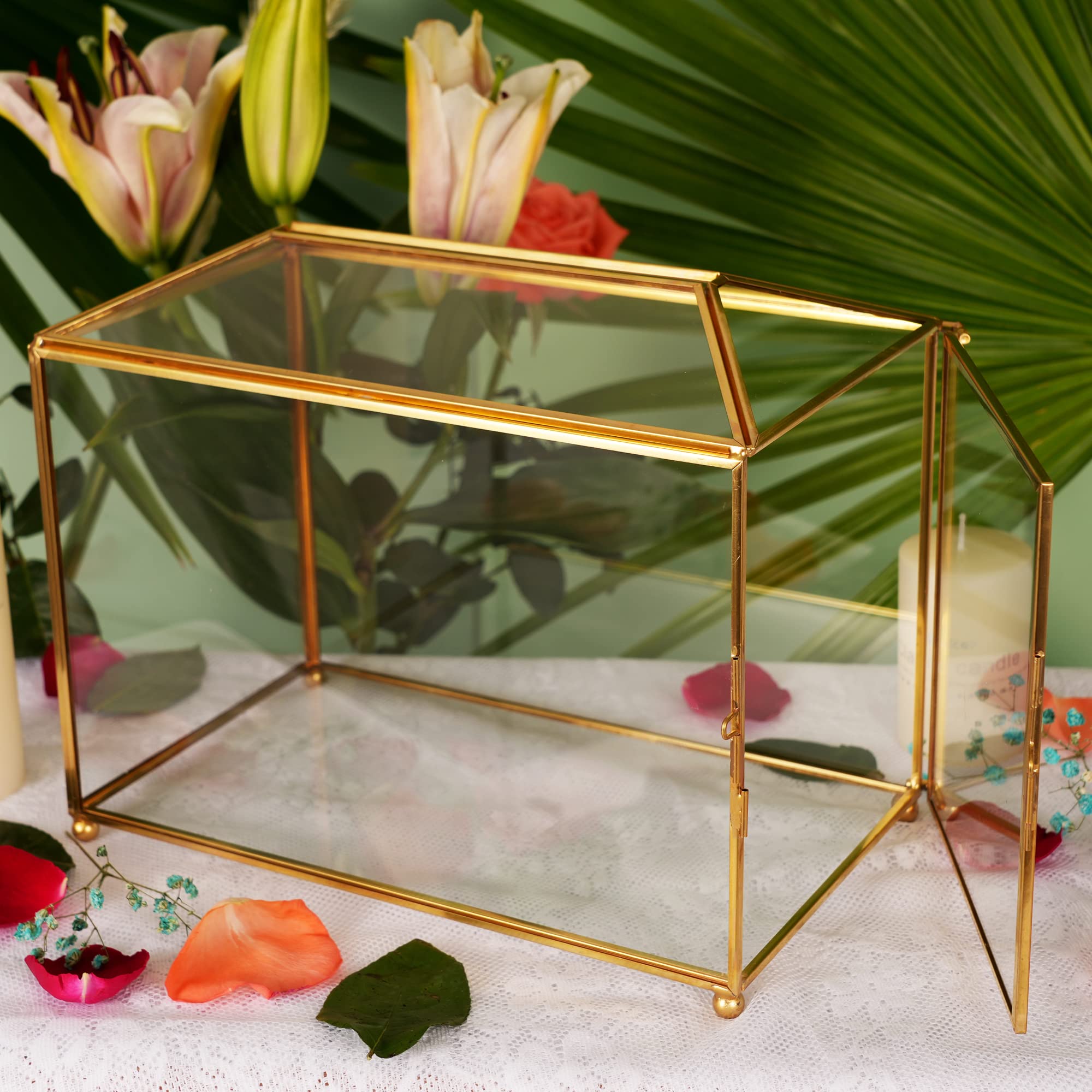 WHSLILR 12.6 Glass Card Box Wedding Card Box with Lock for Wedding Reception Cosmetic Home Decor, Handmade Large Geometric Terra