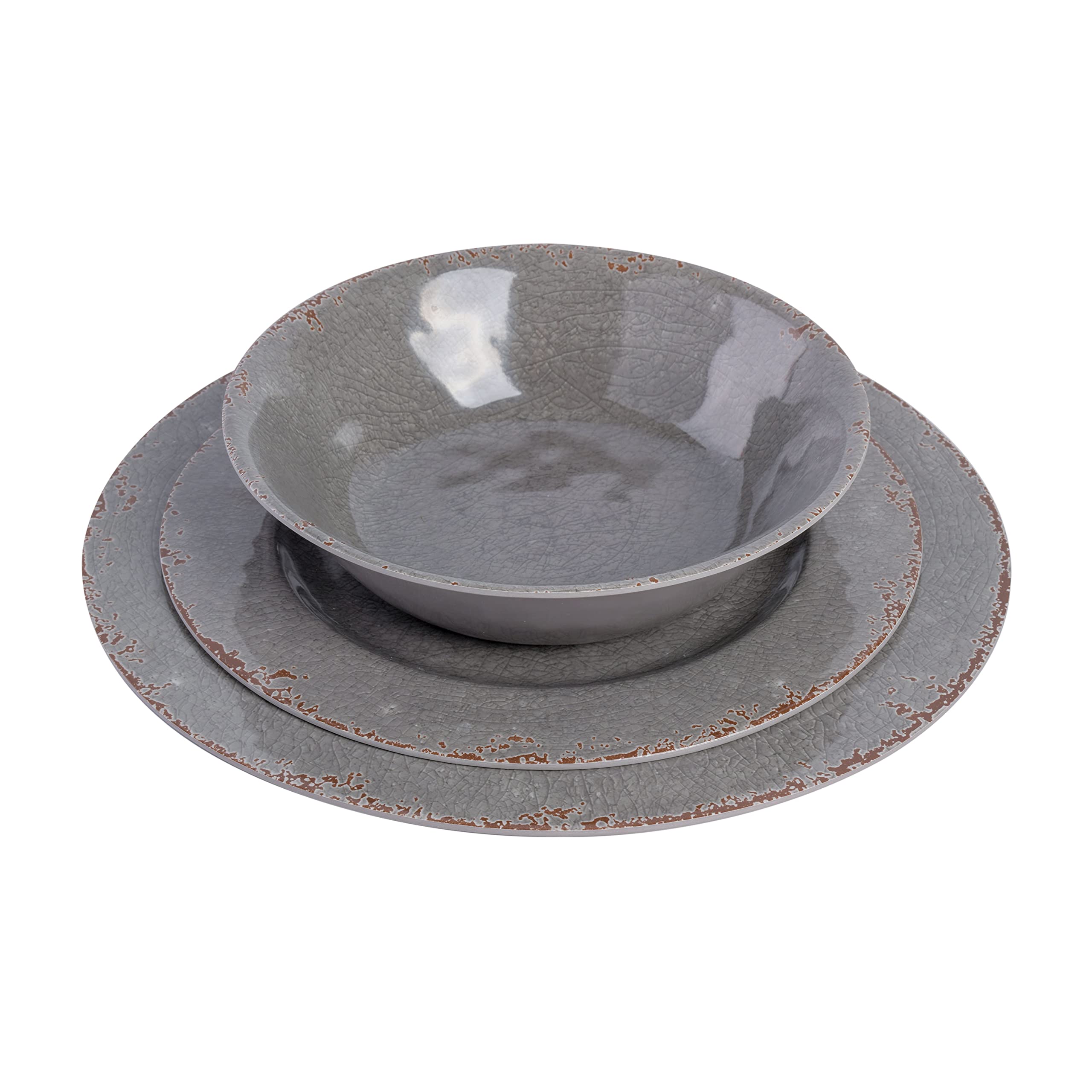 Gibson Home Mauna Melamine Dinnerware Set, Service for 4, 12pcs, Grey Rustic, Model 114336.12