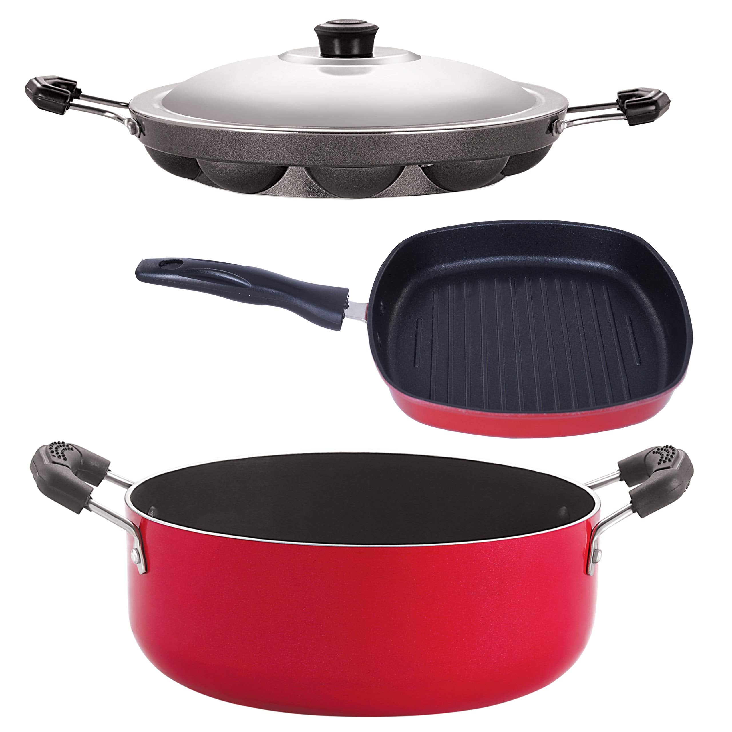 Nirlon NonStick Aluminium Pfoa Free NonToxic Durable Kitchenware(Black & Red_Combo Set) (Ap12_Gp24.5_Cs24)