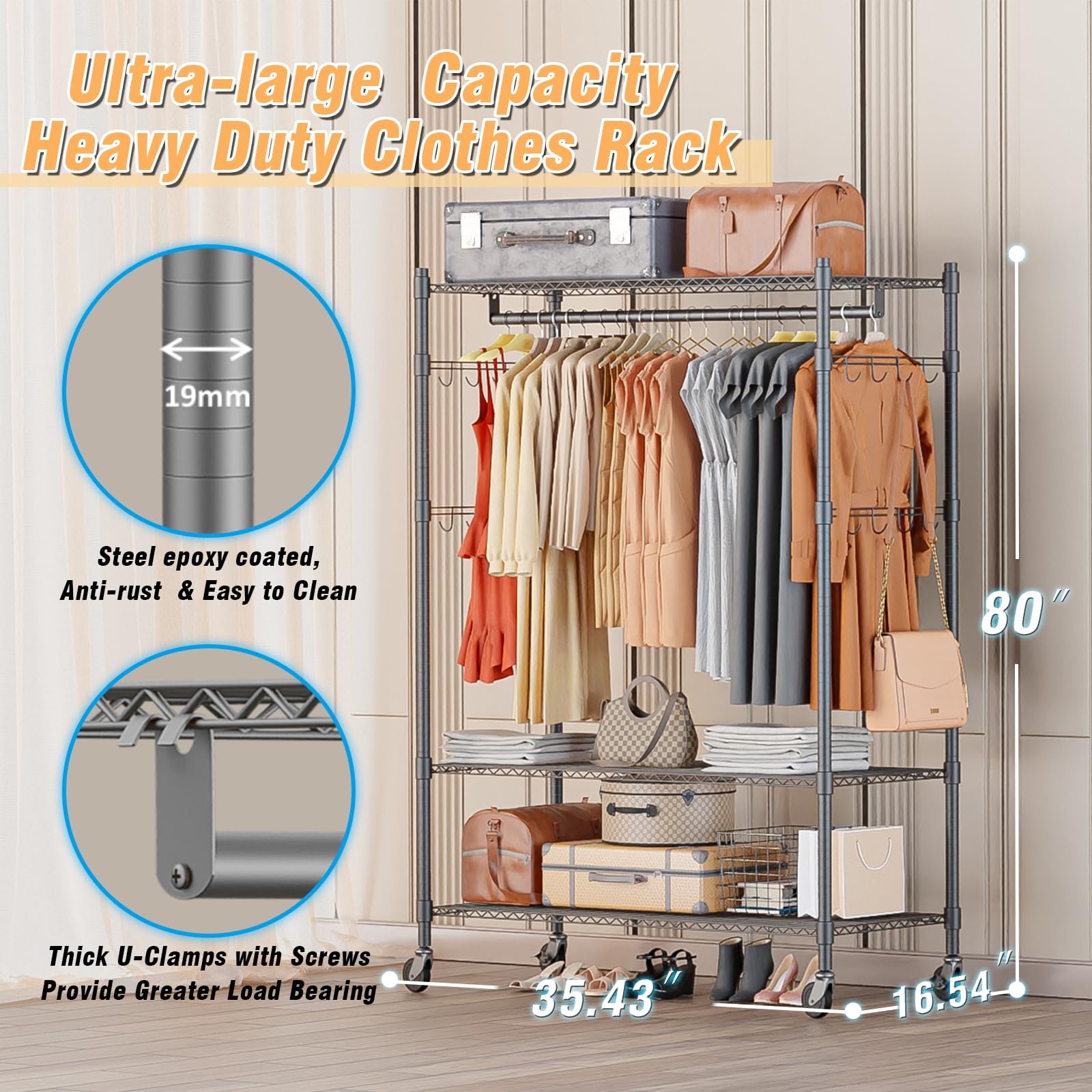 Homdox Heavy Duty Rolling Clothing Rack, Adjustable Garment Rack With 3 Tier Storage Shelves, Freestanding Closet Wardrobe For H