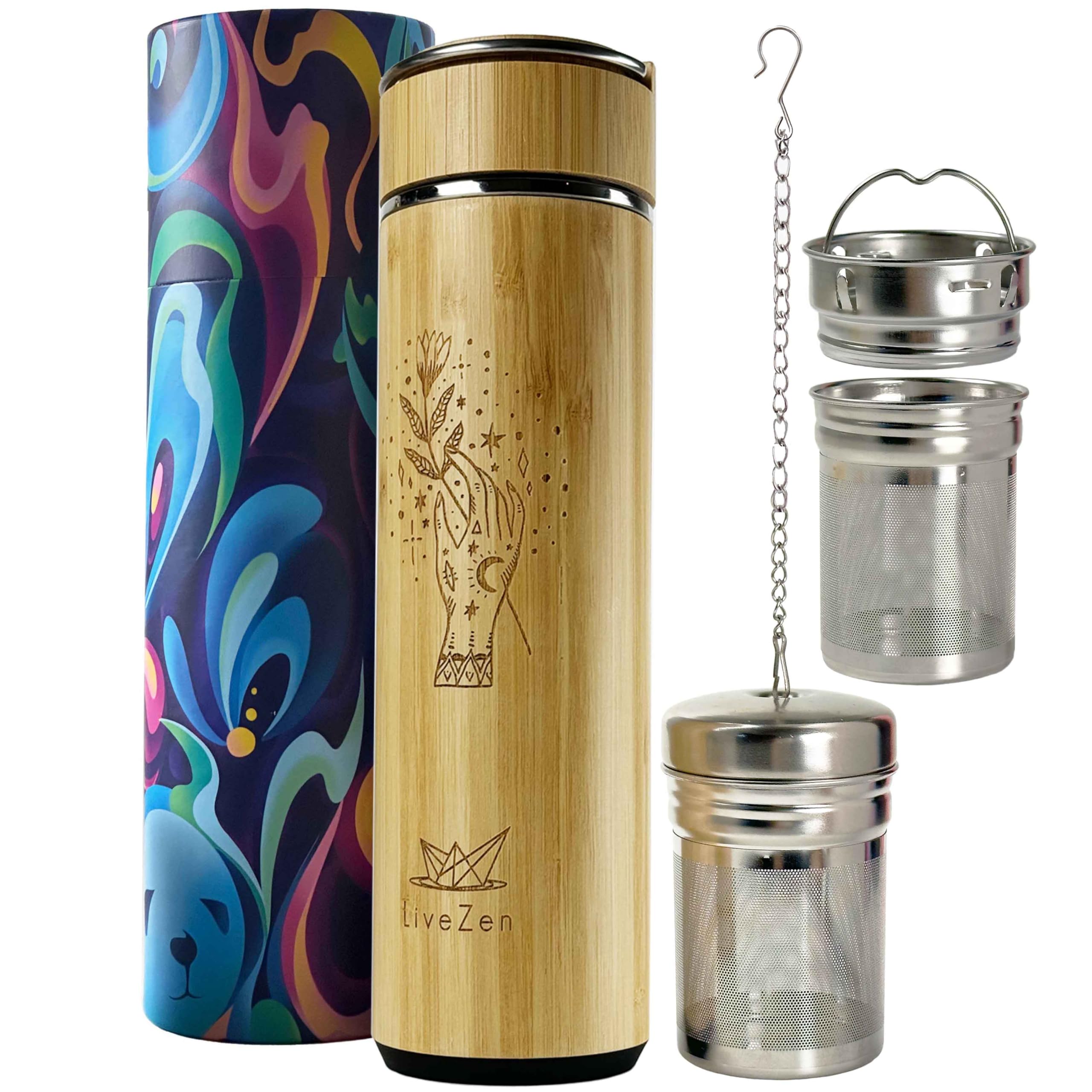 LiveZen 18oz Insulated Bamboo Tea Infuser Bottle for Loose Leaf Tea  Extra Fine Mesh Tea Steeper Basket Infuser with Chain Hook