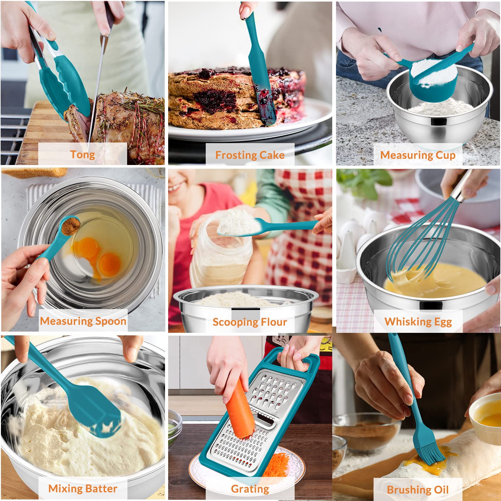 22-Piece Mixing Bowls With Teal Blue Lids & Accessories Set, E-Far Stainless Steel Nesting Bowls With Covers & Non-Slip Bottoms,