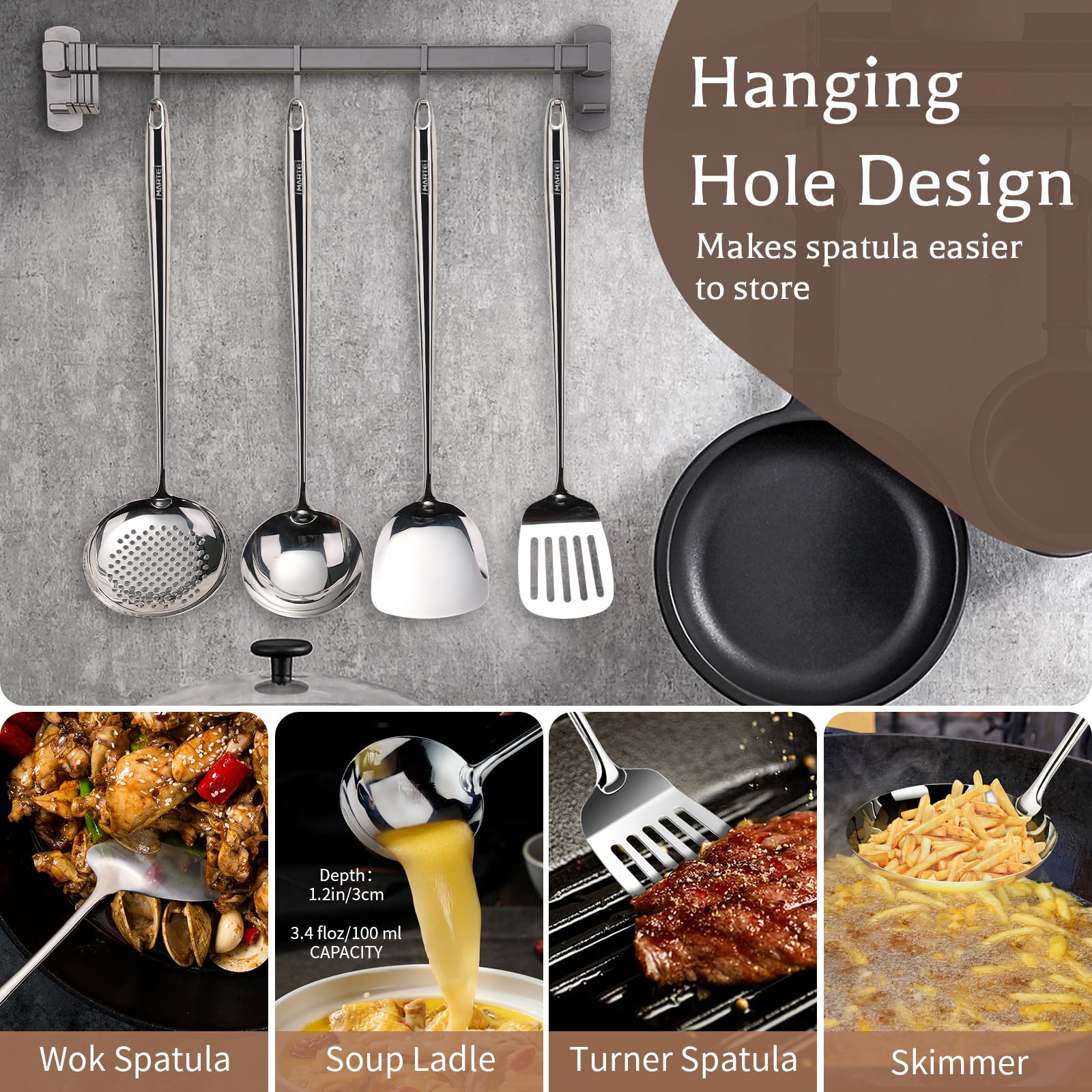 Wok Spatula And Ladle,Skimmer Slotted Spoon Set - Mirror Polished Asian Wok Cooking Tools - 18/8 Stainless Steel Wide Wok Spatul