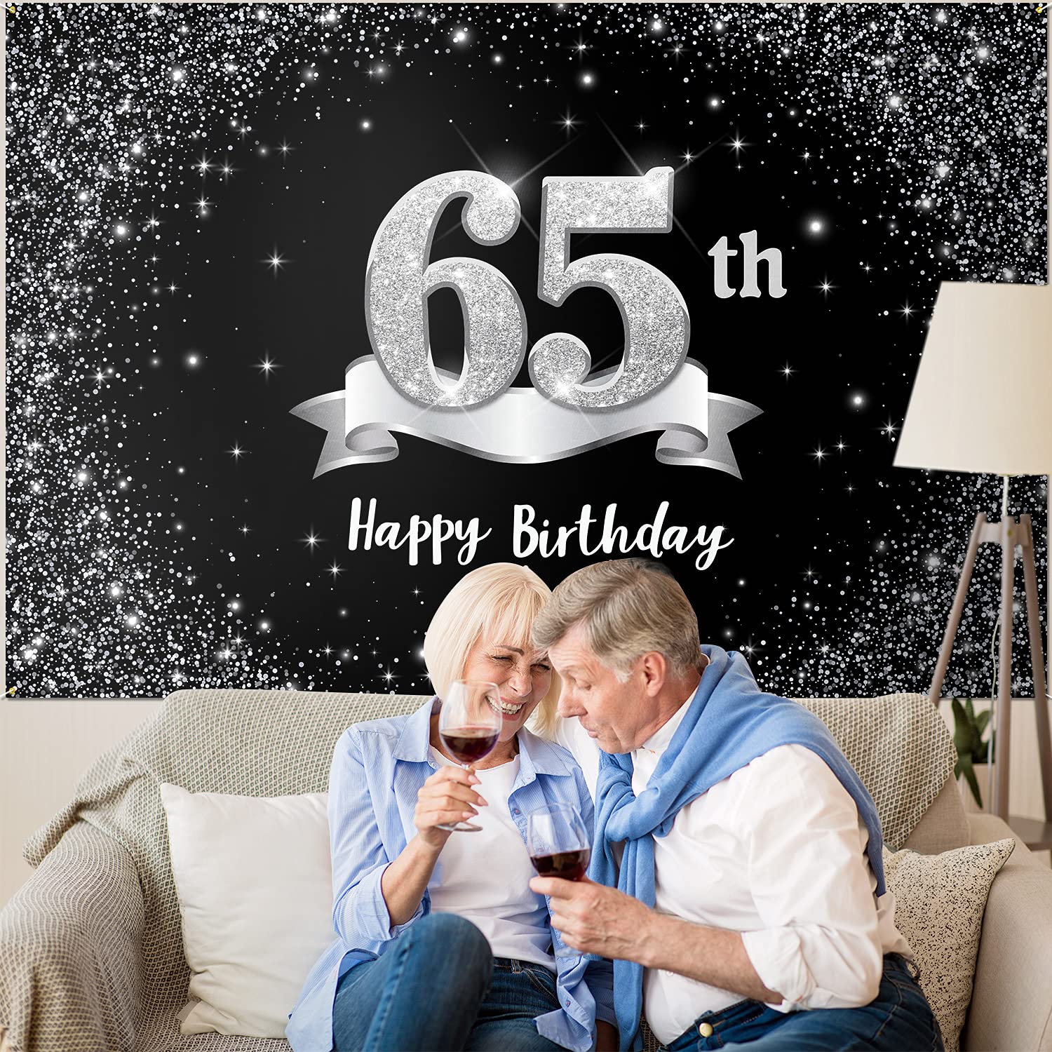 HAMIGAR 6x4ft Happy 65th Birthday Banner Backdrop - 65 Years Old Birthday Decorations Party Supplies for Women Men - Black Silver