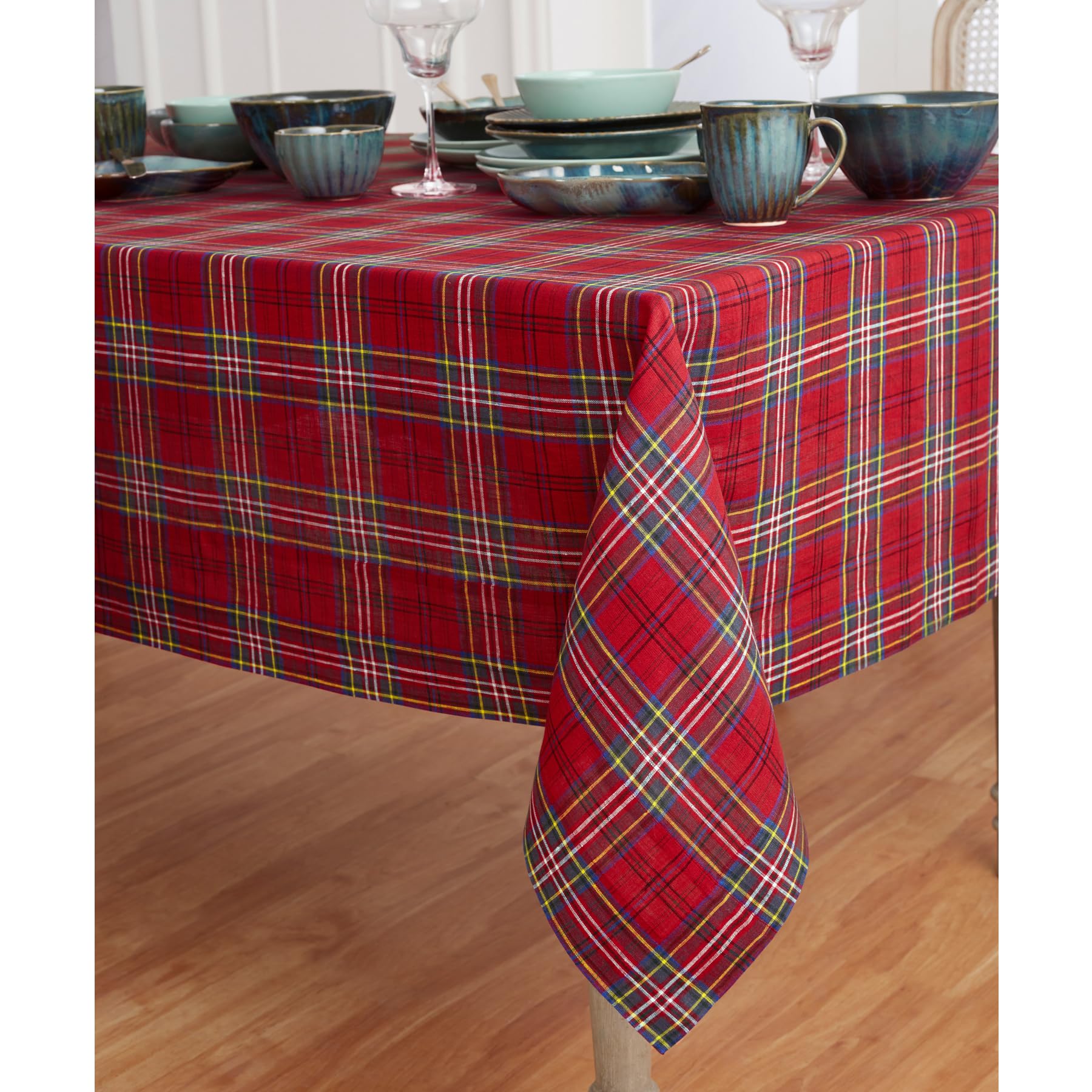 Solino Home Tablecloth 108'' L X 60'' W Inch - 100% Pure Linen Red Classic Tartan Plaid Tablecloth - Handcrafted And Machine Was