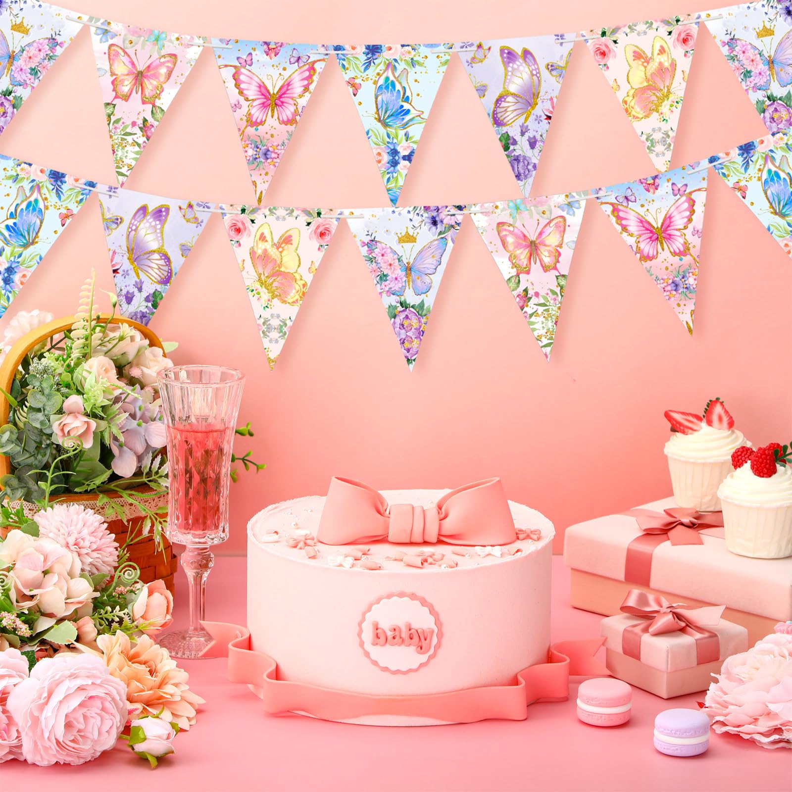 Weekgrat 5 Pieces 49 ft Butterfly Birthday Banner Decorations Butterfly Party Supplies Paper Flower Pennant Triangle for Baby Sh