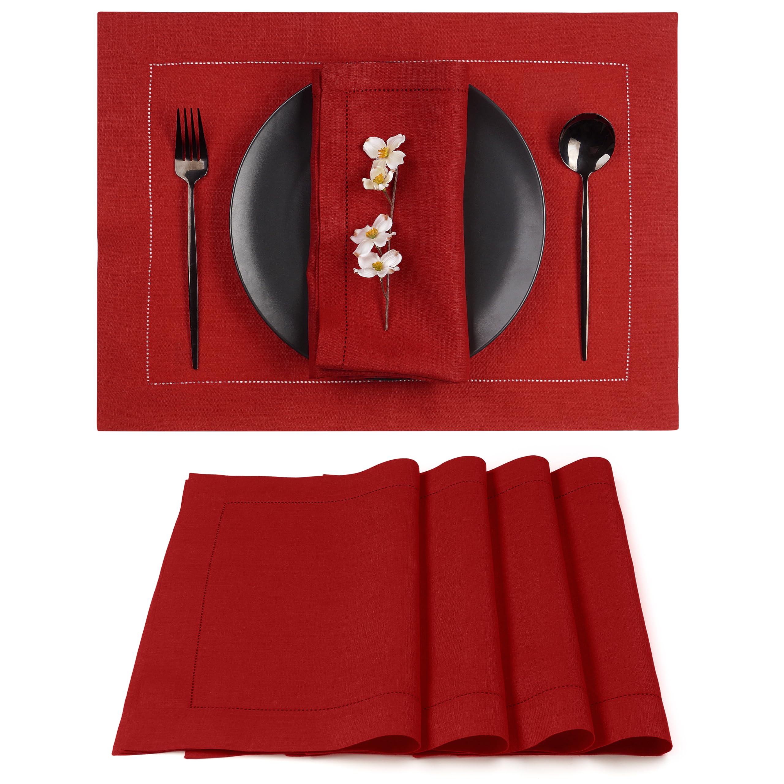 D'Moksha Homes Linen Placemats Set Of 4-100% Pure Linen Red Placemats 14 X 19 Inch - Classic Hemstitch, Washable Red Placemats F