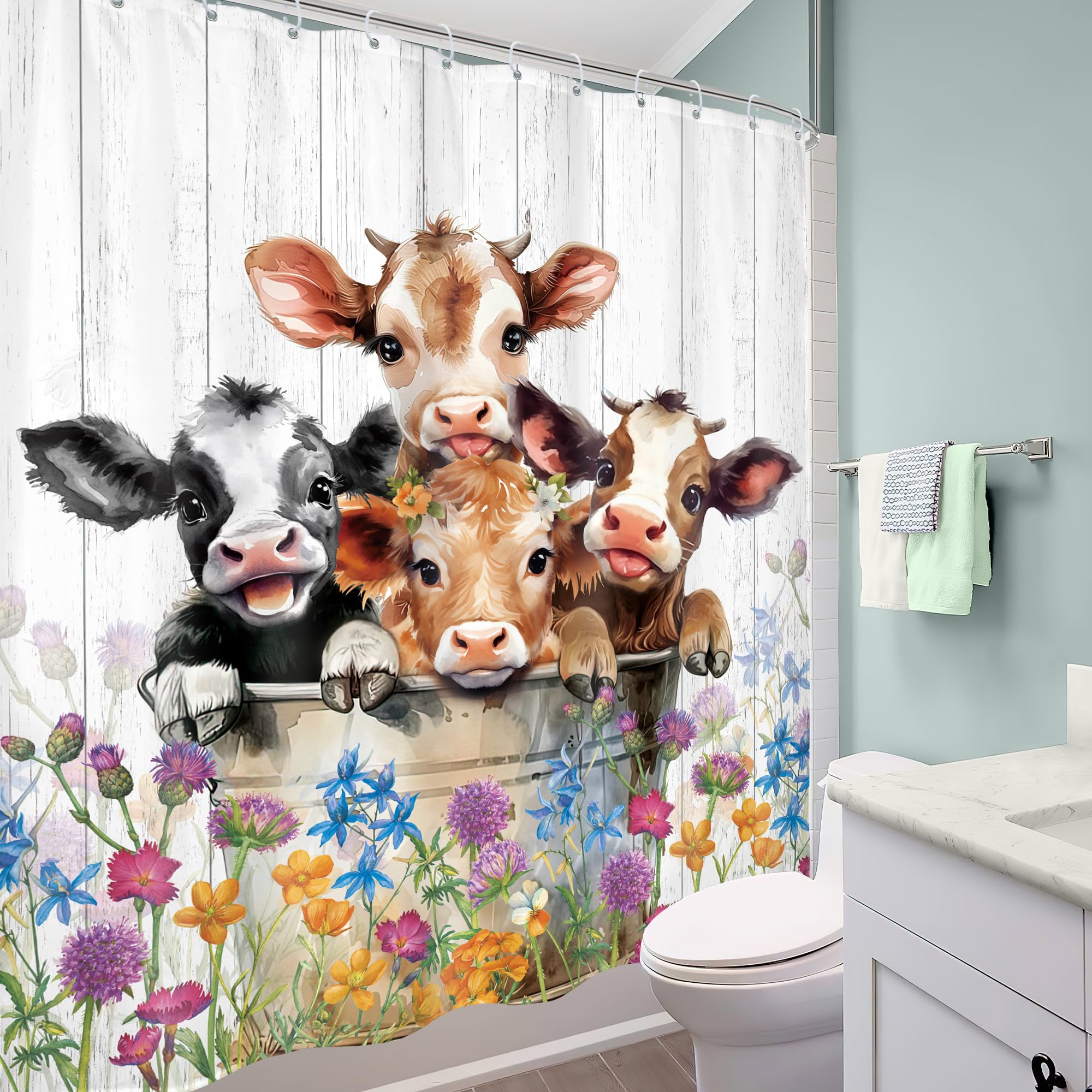 Mitpok Farm Highland Cow Shower Curtain 60Wx72H Funny Western Farmhouse Cute Cattle Bull Animal Rustic Floral Wildflower Plant B