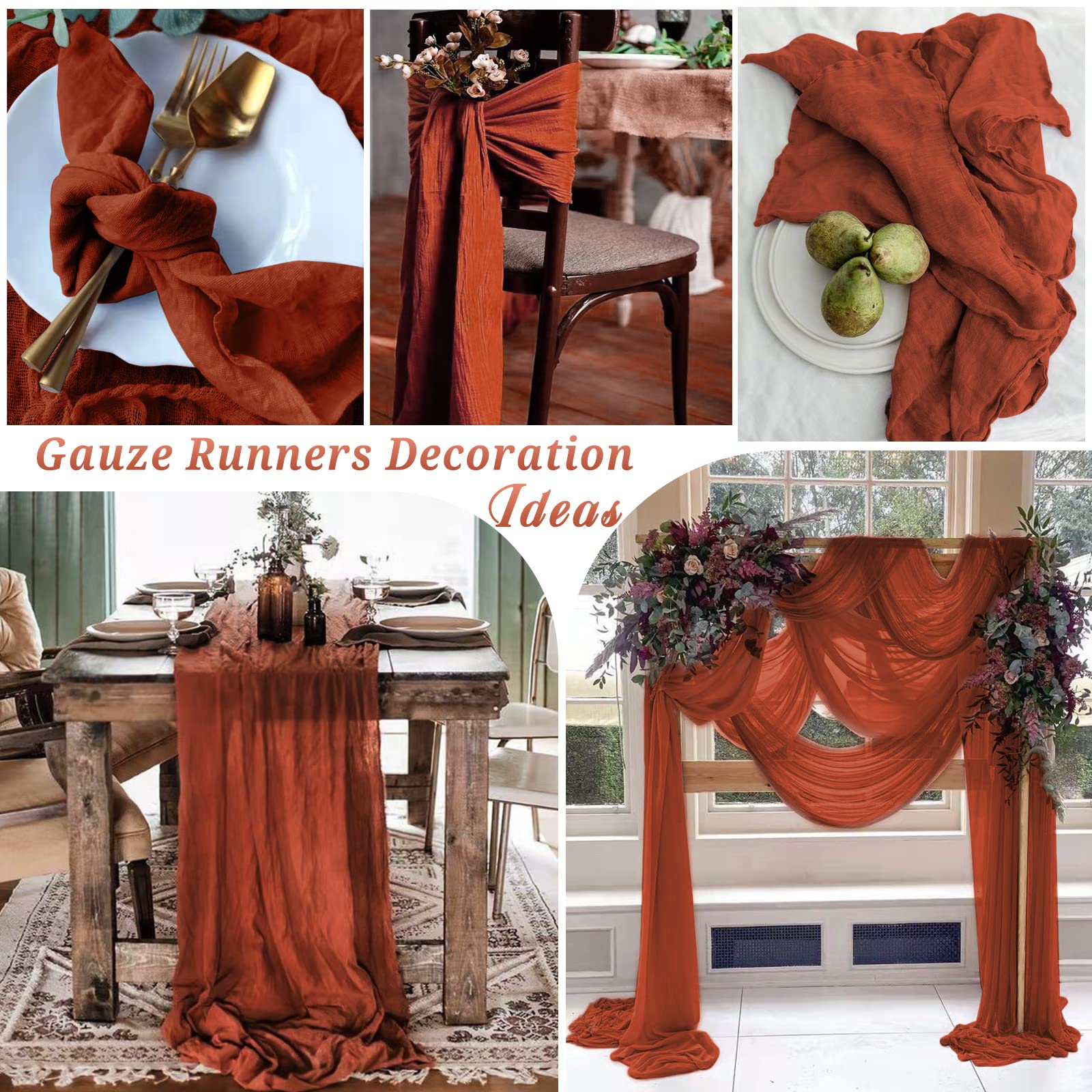 10 Pcs Terracotta Cheesecloth Table Runner 10Ft, Gauze Table Runner For Wedding Reception Sheer Bridal Shower Birthday Party Boh
