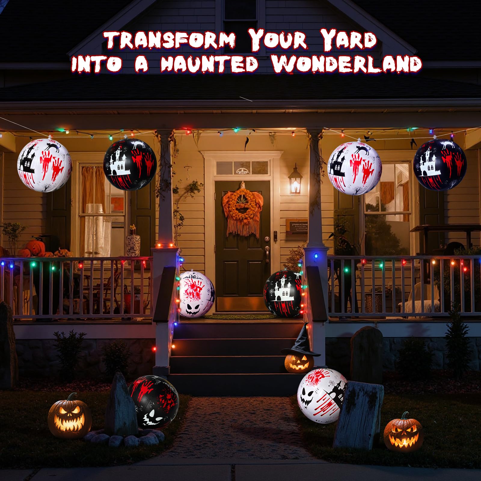 10 PCS 11.8 inch Hanging Halloween Decorations Ball Set, Inflatable Hanging Halloween Ornament Balls with Bloody Handprints, Hau