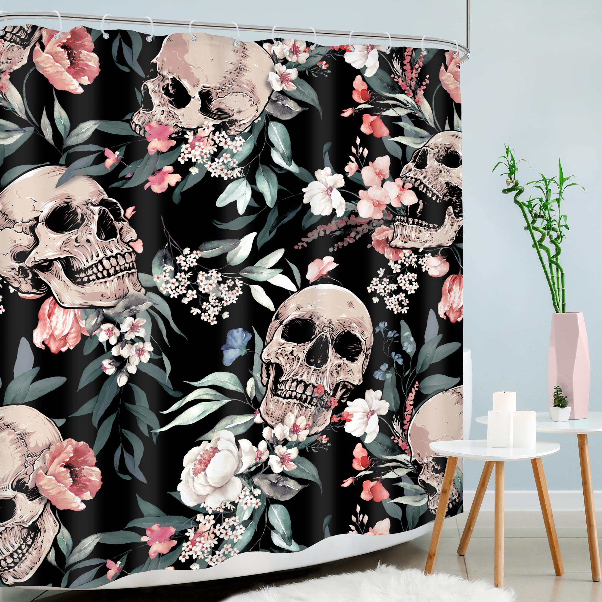 Mitpok Gothic Sugar Skull Shower Curtain 60Wx72H Skeleton Goth Retro Spooky Pink Flower Floral Halloween Plant Leaves Botanical